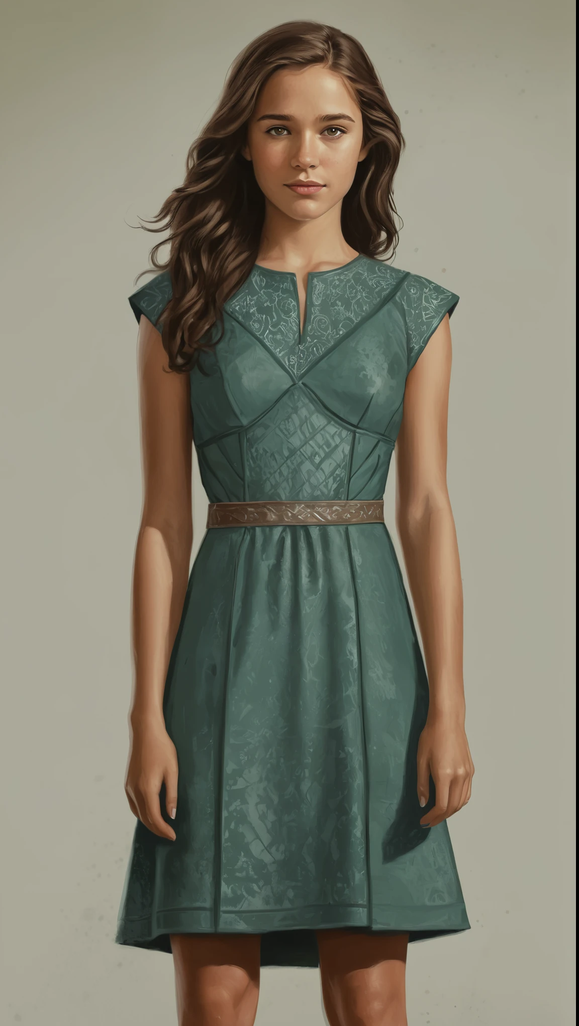 An illustrated movie poster, hand-drawn, full color, a Westerosi teenage girl, wearing a sheath dress, sun-tanned complexion, freckles, hazel green eyes, dark hair, long hair, waist-length hair, posing on a pedestal, hard shadows, graphite shading, stencil marks, airbrushed acrylic paint, masterpiece, in the style of Game of Thrones 