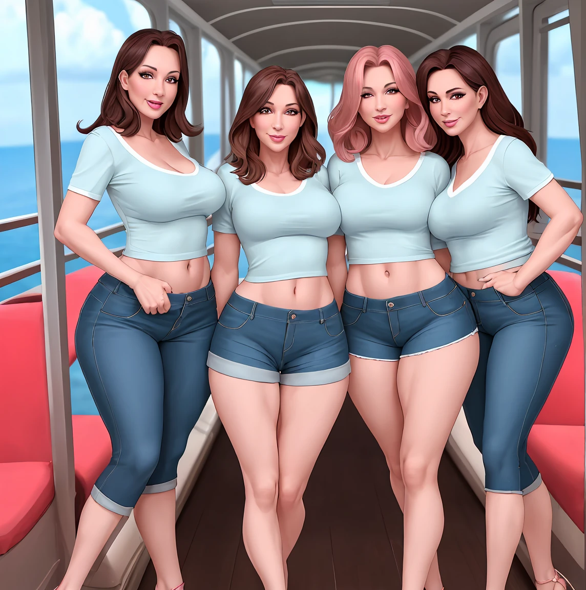 Mature 40 year old sexy triplets, imagen de cuerpo entero, imagen con una postura sexy y provocativa, imagen de cuerpo completo, cara y manos perfectas y definidas, en un crucero, ropa de pantaloneta o shorts rosado y blusa blanca 