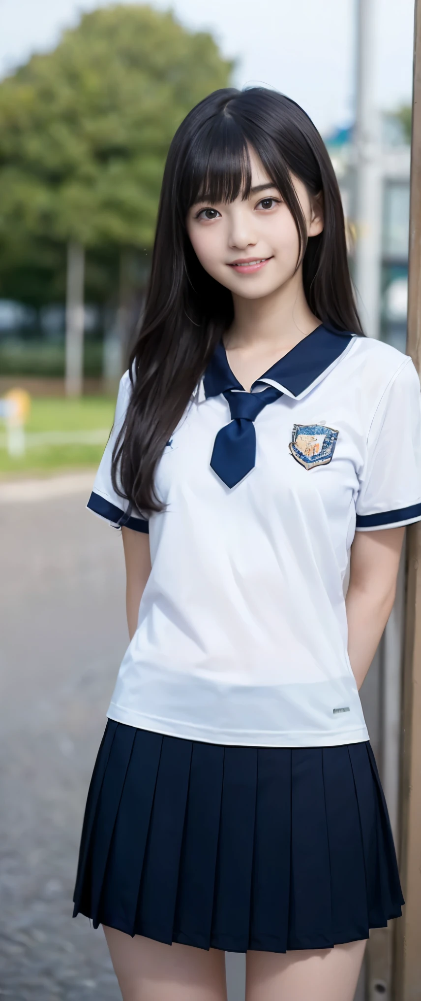 (masterpiece, highest quality:1.2), 8K, 13才のfull nudeの女の子, 85mm,Official AR RAW photo, スーパースリムなスレンダーbeautiful girl, (navy blue short skirt、下Half bodyfull nude、short sleeveの白シャツ、show me your ears、naked girl photo shoot、full nude, cute face, close, Half body, biolace, gardenia, beautiful girl, , thighs, short sleeve, station platform、 looking at the viewer, no makeup, (big smile), film grain, chromatic aberration, sharp focus, face light, clear lighting, Ten generations, detailed face, background bokeh, (dark red tie:1.1)、((((((13 year old girl))))))、((((((13才のfull nude女子高生)))))、thin waist、shy pose、shy and nervous girl、show right breast、