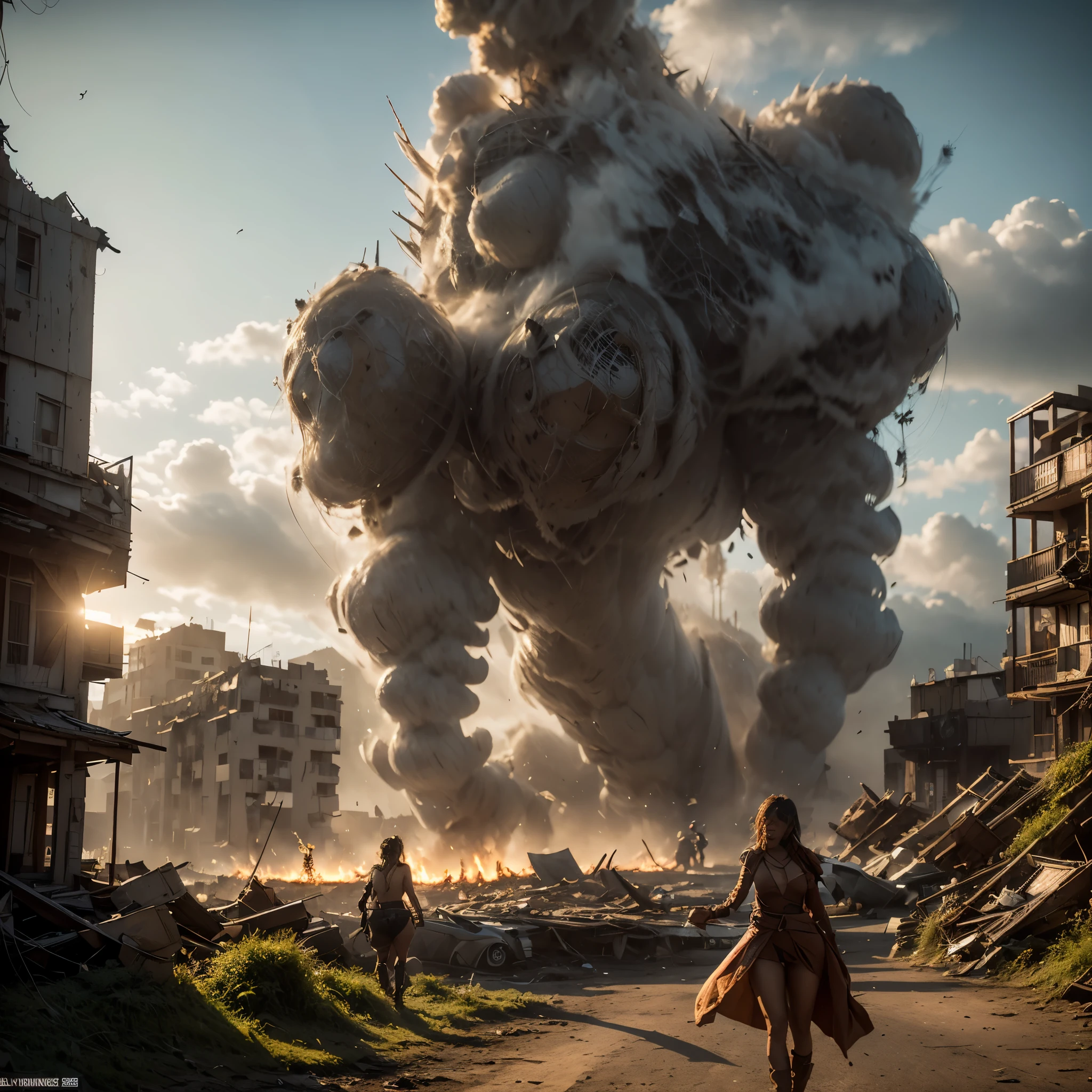 (highest quality、4K、High resolution、master piece: 1.2)、Super detailed、real: 1.37、Natural light、Portrait、surreal colors、futuristic style、Crumbling cityscape、Overgrown vegetation、Foggy atmosphere、Contrasting shadows、tattered clothes、A strong and confident gaze、Abandoned Objects、desolation、Destroyed building silhouette、vivid graffiti、Empowering pose、hair fluttering in the wind、Expressive facial features、unforgettable beauty、Dramatic sky、eerie clouds、intricate details、urban decline、post-apocalyptic setting、Ruins in nature 、Majestic Skyline、Desperate struggle、Creepy Presence、Thought of power、強化されたThought of power、intensity of emotions、Tense atmosphere、heroic attitude、intense action、Fearless Determination、Survival from all odds、Dangerous landscapes、Iconic battle、cinematic composition、epic showdown、A moment frozen in time、mysterious aura、fortitude、Women&#39;s Support、strong female protagonist、Fascinating story、Women's power、Fierce determination、Empowering Stories、Behind her is a huge(The invader&#39;s mech is on fire and about to collapse.:1.3)、reiayanami