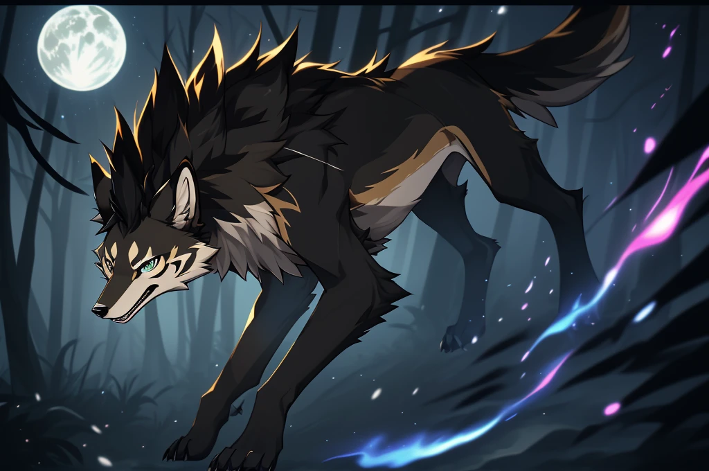 (best quality,4k,8k,highres,masterpiece:1.2),feral animal,black-backed jackal,thin beast,happy jackal, detailed fur, vibrant colors, realistic portrait,piercing eyes,intense gaze,curved sharp claws,dark and wild background,moonlit night,moonlight shrouded trees,ominous atmosphere,menacing presence,hauntingly beautiful,long legs and slender body, agile movements,hunting instincts,night predator,quiet and stealthy,black and tan fur,jagged silhouette,unknown origin,untamed wilderness,wild and free spirit,graceful posture,fierce expression,boundless energy