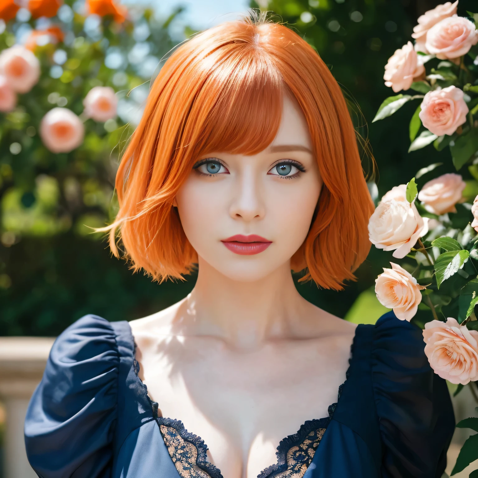 (masterpiece, best quality, 1girl, solo, intricate details, chromatic aberration), realistic, ((medium breath)),portrait shot, bryce dallas howard, ((vivid short orange hair)), 30 years old woman, triangule face, medium breast, sunny day, garden with flowers, depth of field, magic, big red lips, ((dark blue eyes)) (Detailed beautiful eyes) flowered long and full dress, covered chest, mystical atmosphere, (best quality:1.2), absurdres, intricate details, (highly detailed skin:1.2), smile expression, posing, taut and well defined body, attractive. Highly realistic, pale skin, beautiful, hyperrealism, skin very elaborated, direct gaze, AB JLEE3, Complex facial details for all characters, Expressive eyes and nose and mouth, unzoom, author:Jim Lee Right Section Centered, Key, Visual, Complex, Highly Detailed, Breathtaking, Precise Line Art, Vibrant Panorama Film