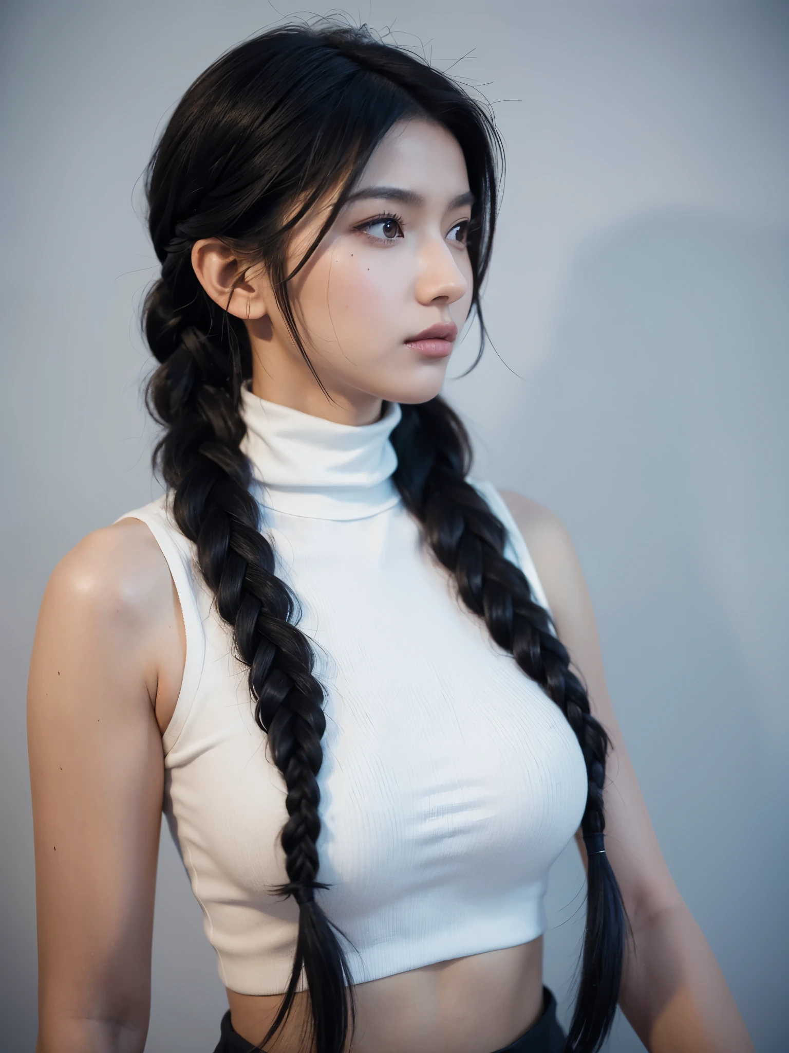 A stunning intricate full color portrait of (sks woman:1), wearing a white sleeveless turtleneck with cropped in the belly part, cropped turtleneck, pants, cool girl, dark plain background, epic character composition, by ilya kuvshinov, alessio albi, nina masic, sharp focus, natural lighting, subsurface scattering, f1.8, 35mm, film grain, black voluminous hair inspired by Pharah Overwatch, (((white braided hair))), side-swept bang, best hair, candid, looking away