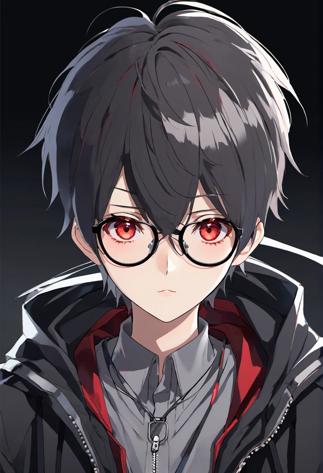 anime boy with glasses, black jacket and grey shirt, tall anime boy with red eyes,detailed anime eyes,detailed lips,(best quality,4k,8k,highres,masterpiece:1.2),ultra-detailed,realistic:1.37,studio lighting,vivid colors,portraits,cool color tones,Natural lighting
