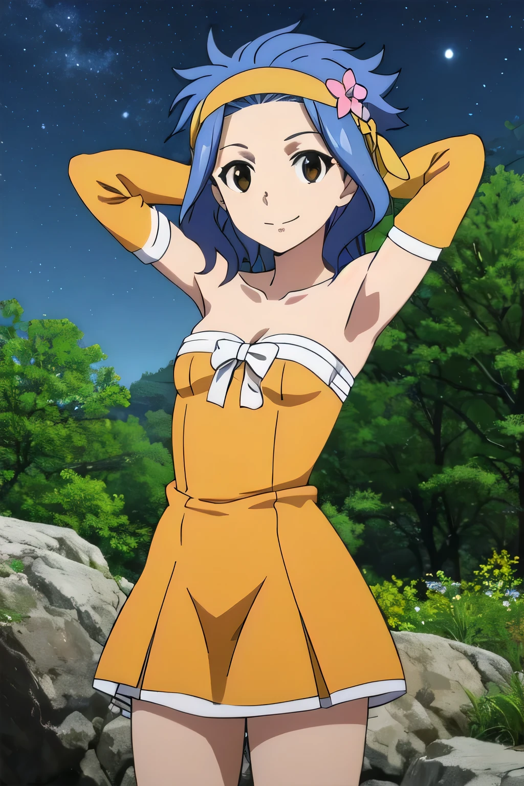 LEVY MCGARDEN, (BROWN EYES:1.35), BLUE HAIR, SHORT HAIR, SIDELOCKS, HAIR ORNAMENT, DRESS, BARE SHOULDERS, COLLARBONE, FLOWER, DETACHED SLEEVES, HAIR FLOWER, STRAPLESS, HEADBAND, SHORT DRESS, STRAPLESS DRESS, ORANGE DRESS, 1girl, smile, solo, night sky, forest, arms behind head, contrapposto, spread armpits, closed mouth,, looking at viewer, upper body,