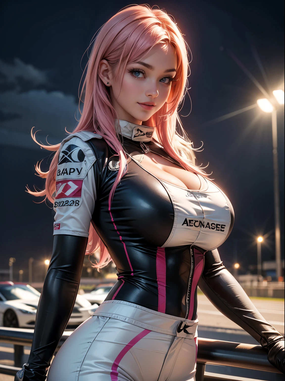 (masterpiece), (top-quality), sunset, natural lights, ,(realistic:1.5), 1girl, long pink hair flowing in the wind, dark skin, wearing a white racing driver suit, accentuated super huge enormously gigantic tits cleavage showing, moonlight eyes, smiling, sexy seductive slutty pose, curvy athletic, looking at viewer, eye contact, stunningly beautiful 20 years old racing driver, racing track, sports car, sexy seductive slutty dynamic pose, action pose, detailed racing track in background, alluring, seductive_pose, natural lights, cleavage showing, athletic body, accentuated super huge enormously gigantic breasts, upper body, mid shot, masterpiece, detailed, mature, bright colors, high saturation, stunningly beautiful girl, dark brown eyes, pink hair, precise hands, moaning, happy, smle, seductive, Clear eyes, Shining eyes,, ultra-definition, Top resolution, soft lightning