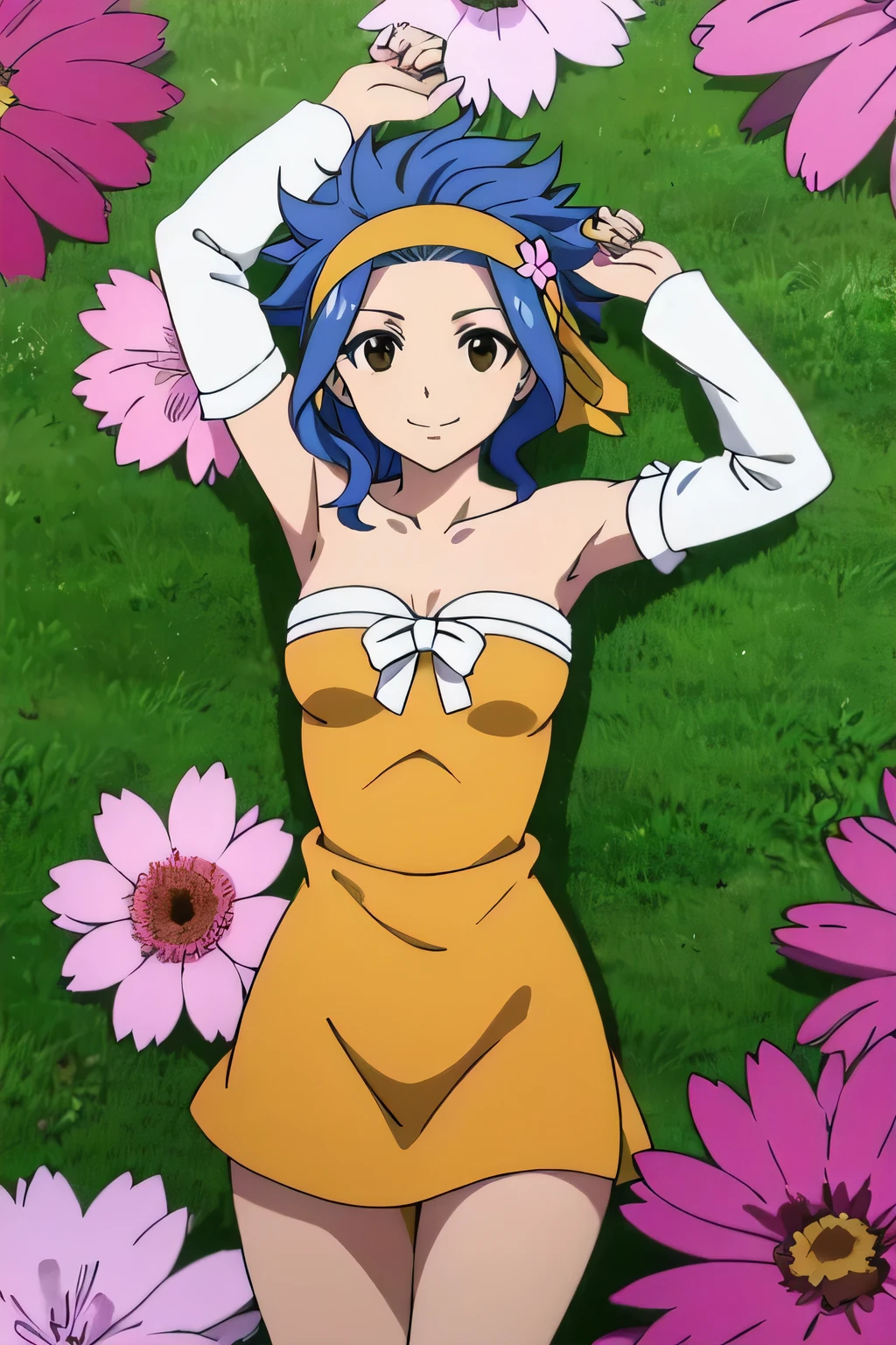 LEVY MCGARDEN, (BROWN EYES:1.35), BLUE HAIR, SHORT HAIR, SIDELOCKS, HAIR ORNAMENT, DRESS, BARE SHOULDERS, COLLARBONE, FLOWER, DETACHED SLEEVES, HAIR FLOWER, STRAPLESS, HEADBAND, SHORT DRESS, STRAPLESS DRESS, ORANGE DRESS, 1girl, smile, solo, on back, arms up, spread arms, cowboy shot, closed mouth, looking at viewer, on grass, in the center,