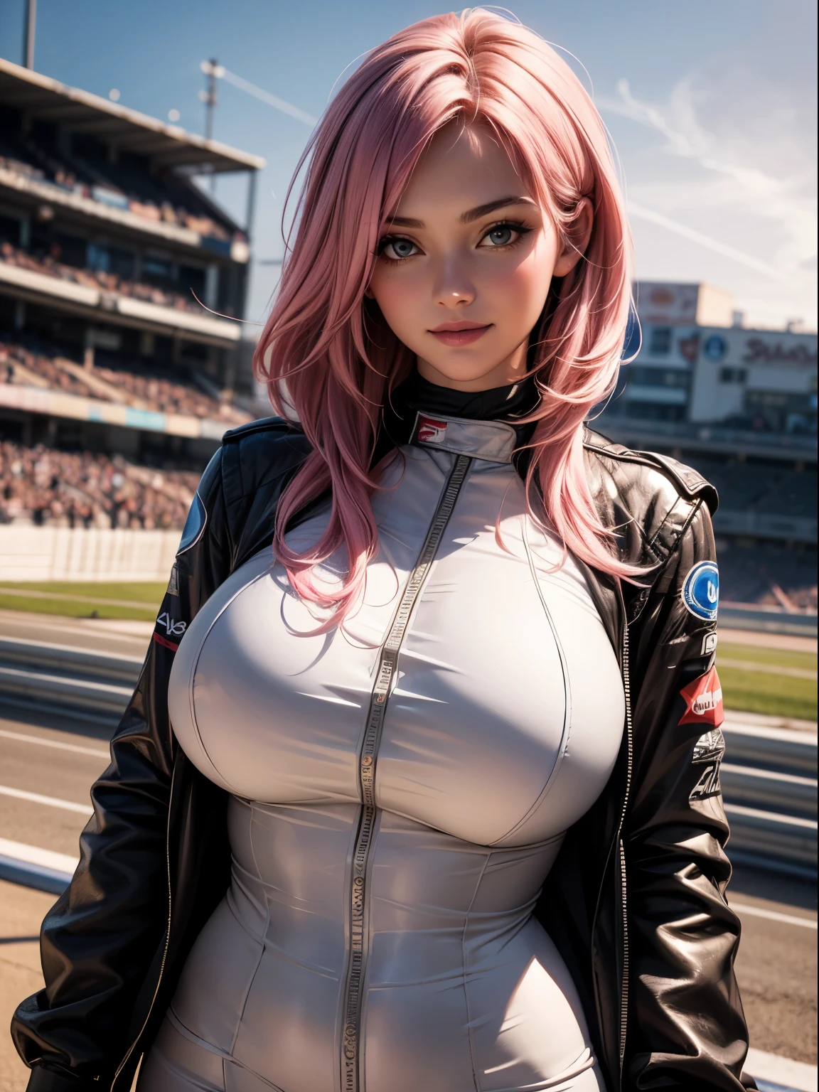 (​masterpiece), (top-quality), sunset, natural lights, ,(realistic:1.5), 1girl, long pink hair flowing in the wind, dark skin, wearing a white racing driver suit, accentuated super huge enormously gigantic tits cleavage showing, moonlight eyes, smiling, sexy seductive slutty pose, curvy athletic, looking at viewer, eye contact, stunningly beautiful 20 years old racing driver, racing track, sports car, sexy seductive slutty dynamic pose, action pose, detailed racing track in background, alluring, seductive_pose, natural lights, cleavage showing, athletic body, accentuated super huge enormously gigantic breasts, upper body, mid shot, masterpiece, detailed, mature, bright colors, high saturation, stunningly beautiful girl, dark brown eyes, pink hair, precise hands, moaning, happy, smle, seductive, Clear eyes, Shining eyes,, ultra-definition, Top resolution,  soft lightning