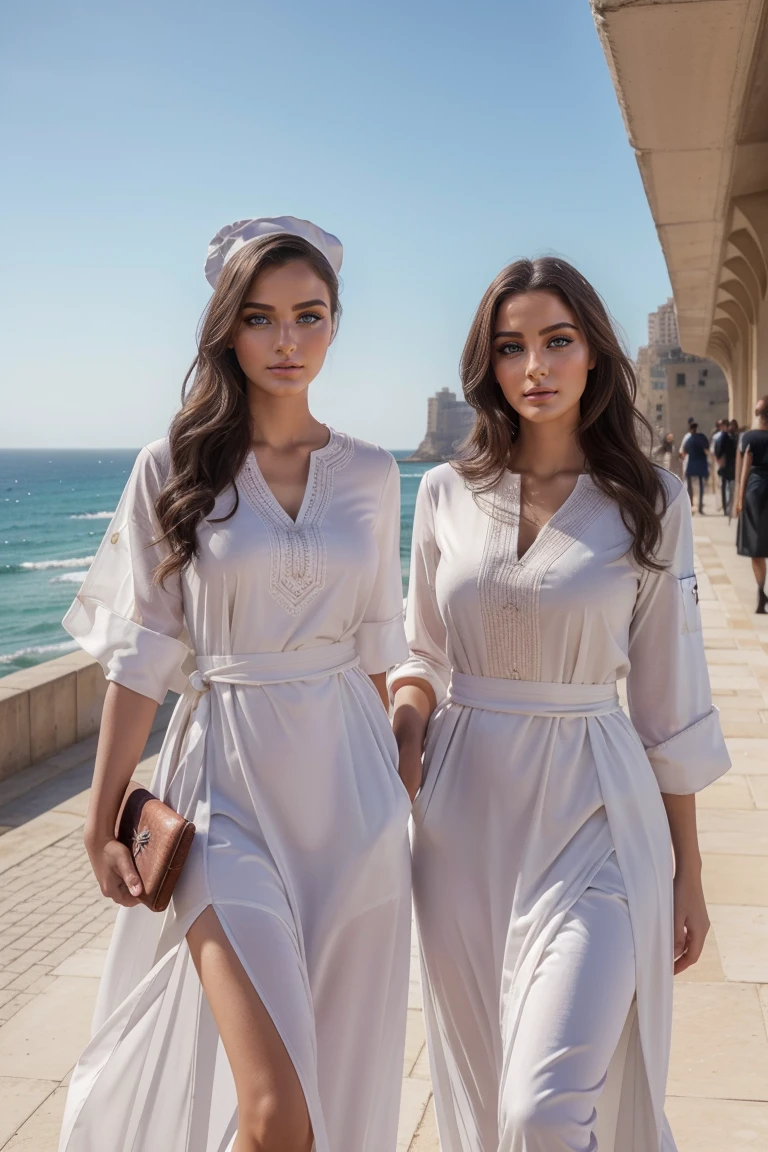 Des mannequins Instagram posent sur la corniche de Casablanca, en caftan futuriste vert, tout le corps, Beautiful detailed eyes, beautifully detailed lips, Extremely detailed eyes and face, court, bottes en caoutchouc roses cheveux ((best quality)), ((Chef-d'artwork)), (detailed), Visage parfait, tout le corps