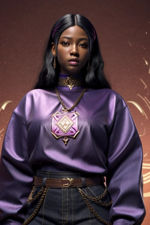 A STRONG BLESSED GODDESS WOMAN Wife Japanese IYO SKY in her mid 30s, melanin skin tone, Inside a royal palace, unreal 5. rpg portrait, hip hop style 8 k octane render, created in unreal engine 5, 8k portrait render, cinematic unreal 5, NY, yasuke 5 0 0 px models, 8 k cg render, rendered in unreal 5, rendered in unreal engine 5, african American, Genetics, a will to thrive, feminine traits and attributes, 50 Cent energy, shaved, vibrant brown eyes, radiant, focused, ambitious head, confident, observant, competent, Streetwear inspired clothing, luxury streetwear, hip hop vibe, art, luxurious, Cancer Sun Sign traits, Sagittarius Moon traits, natal chart, Libra ascendant, high quality long sleeve shirt, Red and blue design embroidered on clothing, wearing diamond chain draped on upper body, Louis Vuitton themed fashion,