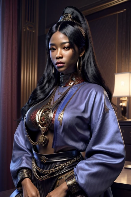 A STRONG BLESSED GODDESS WOMAN Wife Japanese IYO SKY in her mid 30s, melanin skin tone, Inside a royal palace, unreal 5. rpg portrait, hip hop style 8 k octane render, created in unreal engine 5, 8k portrait render, cinematic unreal 5, NY, yasuke 5 0 0 px models, 8 k cg render, rendered in unreal 5, rendered in unreal engine 5, african American, Genetics, a will to thrive, feminine traits and attributes, 50 Cent energy, shaved, vibrant brown eyes, radiant, focused, ambitious head, confident, observant, competent, Streetwear inspired clothing, luxury streetwear, hip hop vibe, art, luxurious, Cancer Sun Sign traits, Sagittarius Moon traits, natal chart, Libra ascendant, high quality long sleeve shirt, Red and blue design embroidered on clothing, wearing diamond chain draped on upper body, Louis Vuitton themed fashion,