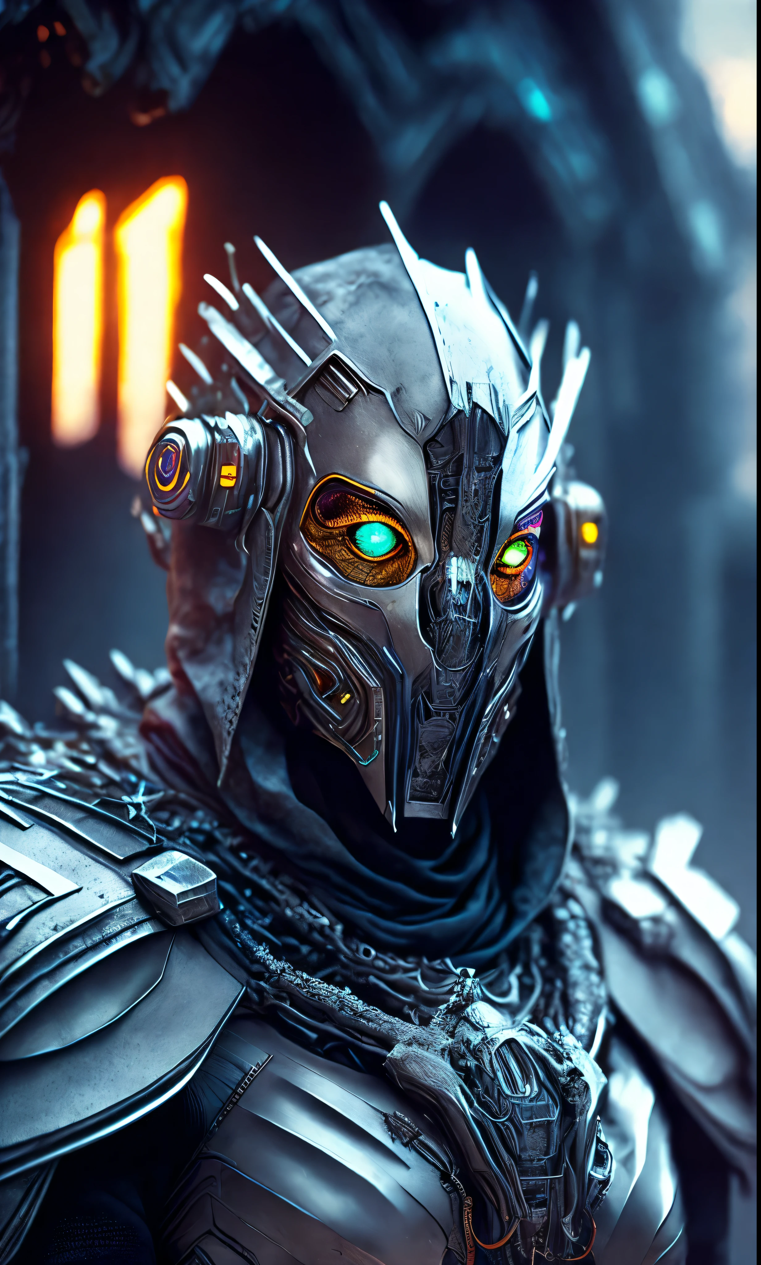 breathtaking cinematic science fiction photo of a portrait of a non human masked Grim wrapped in Gray chrome metal skin, body full glowing metrics inside, glowing multicoloured eyes, multifaceted eyes, metallic arms, inside a destroyed building, extremely menacing creature, highly detailed, award-winning