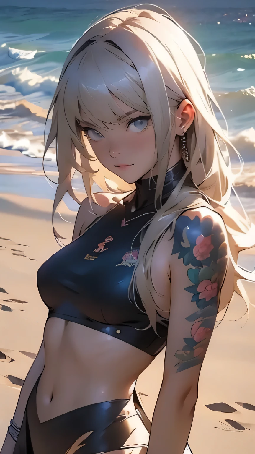 Anime girl with tattoos on her chest and chest stands on the sand, extremely detailed Artgerm, Artgerm. anime illustration, alena aenami and Artgerm, Artgerm on artstation pixiv, Detailed digital anime art, work in Guweiz style, Artgerm detailed, conceptual art | Artgerm