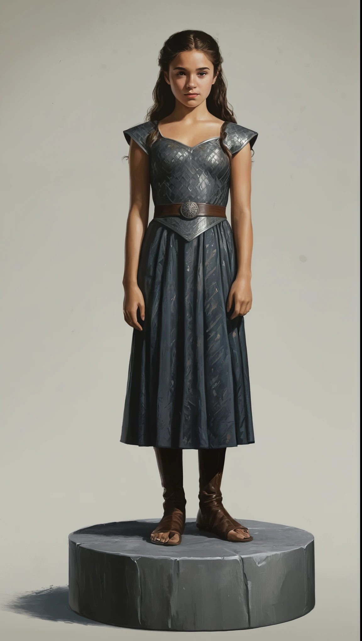 An illustrated movie poster, hand-drawn, full color, a Westerosi age girl, wearing a regal dress, sun-tanned complexion, freckles, dark hair, long hair, waist-length hair, posing on a pedestal, hard shadows, graphite shading, stencil marks, airbrushed acrylic paint, masterpiece, in the style of Game of Thrones