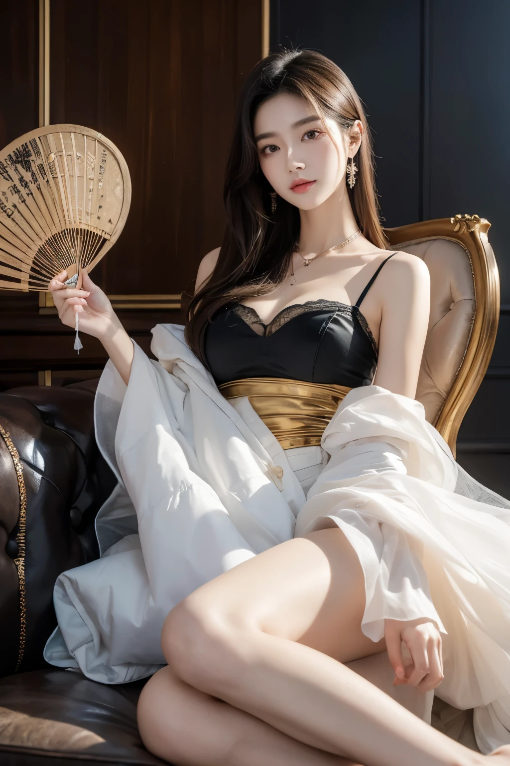 （tmasterpiece，high qulity，real photograph），Complicated details，Fantastical Atmosphere，Colorful effects，A pure and beautiful girl，Delicate and detailed face and eyes，Delicate makeup，Clavicle chain，Long black stockings，Short silk skirt，sexy boobs，Sit Pose，spread their legs，palace background，（Herrills F2 55）