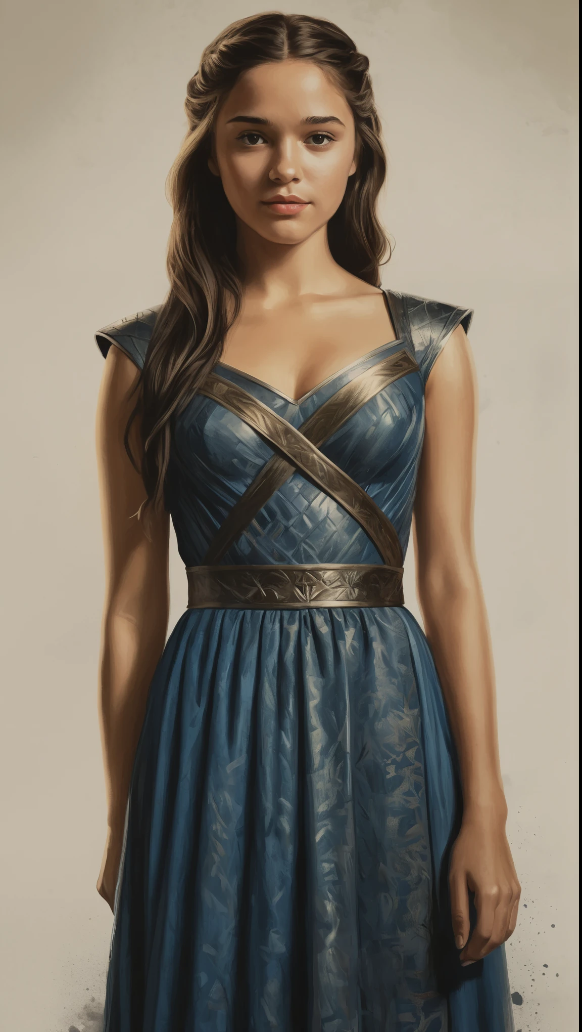 An illustrated movie poster, hand-drawn, full color, a Westerosi teenage girl, wearing a regal dress, r sun-tanned complexion, dark hair, long hair, waist-length hair, posing on a pedestal, hard shadows, graphite shading, stencil marks, airbrushed acrylic paint, masterpiece, in the style of Game of Thrones 