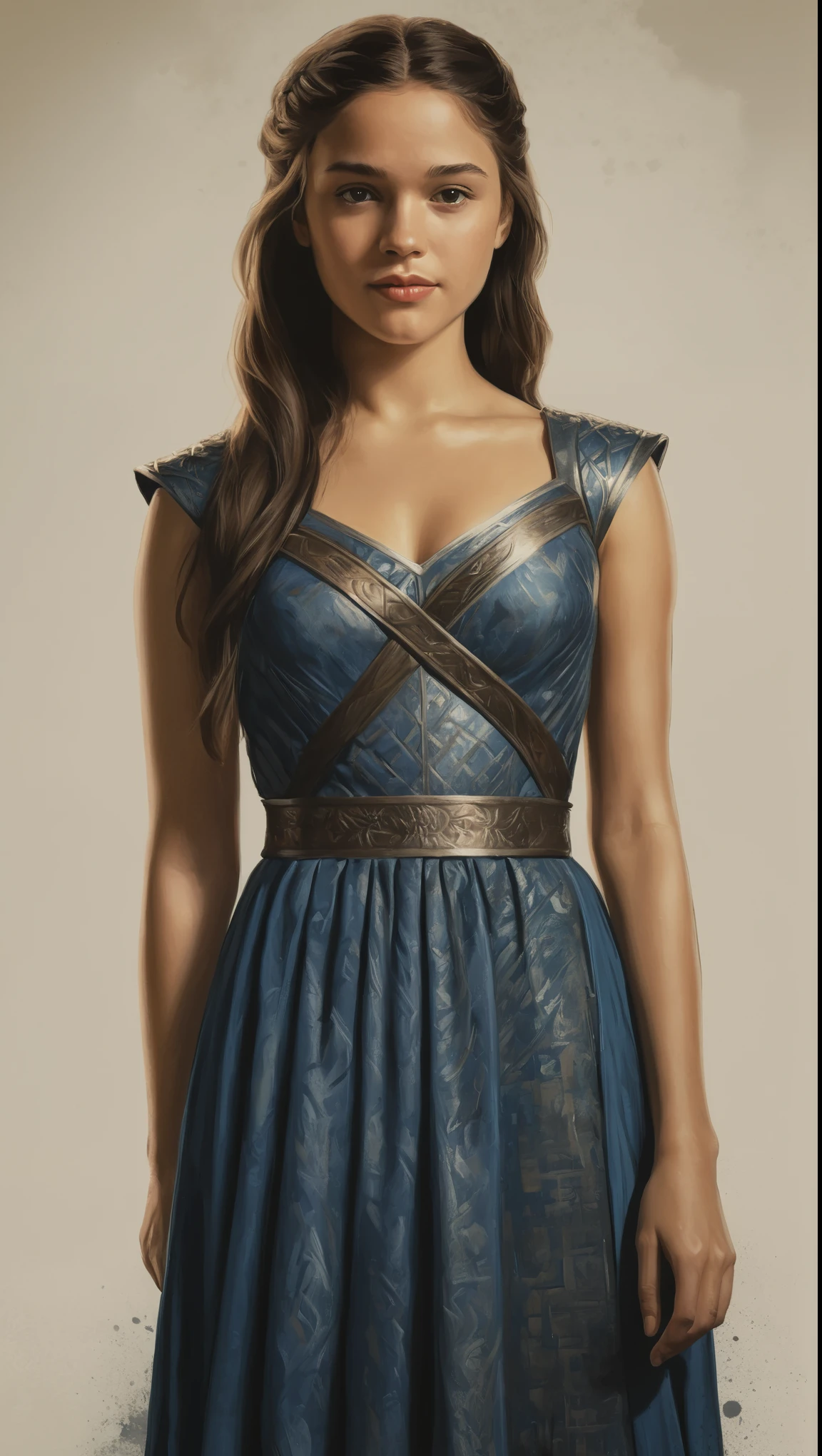 An illustrated movie poster, hand-drawn, full color, a Westerosi teenage girl, wearing a regal dress, r sun-tanned complexion, dark hair, long hair, waist-length hair, posing on a pedestal, hard shadows, graphite shading, stencil marks, airbrushed acrylic paint, masterpiece, in the style of Game of Thrones