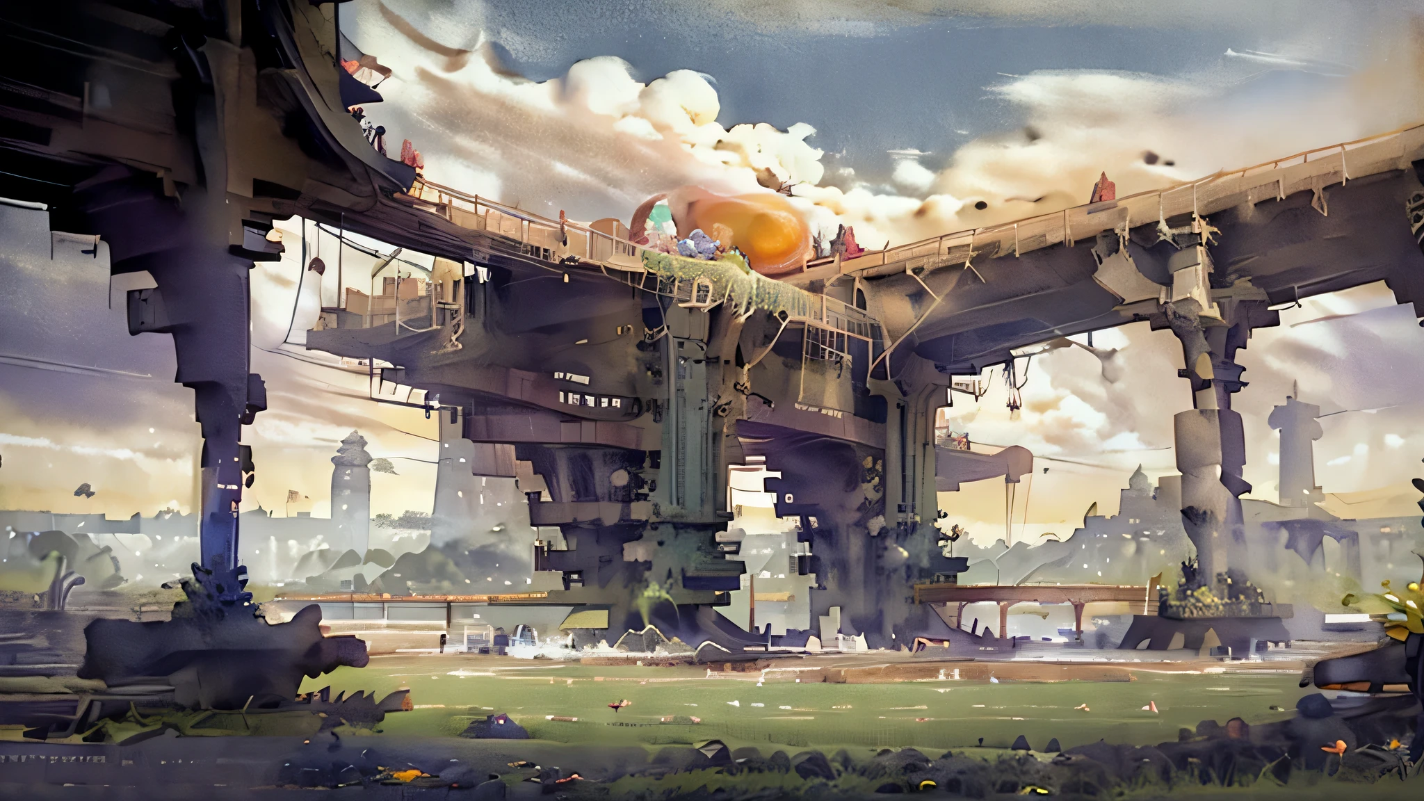 ((best quality)), ((masterpiece)), (Ultra detailed) Create a clean majestic city of Chicago at sunset, exploding volcano of the sun erupting lava in the sky, night time, with green moss growing on buildings showling Lake with sunset reflection in water, birds flying in background traveling into space, colorful green yellow blue red purple orange neon florescent planets in skys (masterpiece), shooting stars, solar eclipse above, (best quality), cyberpunk style, colorful water drops, very detailed 8k wallpaper, no logos, no letters, no symbols, peaceful trippy art, blue roses, greenish mushrooms, orange sky, portal in water with jellyfish growing everywhere