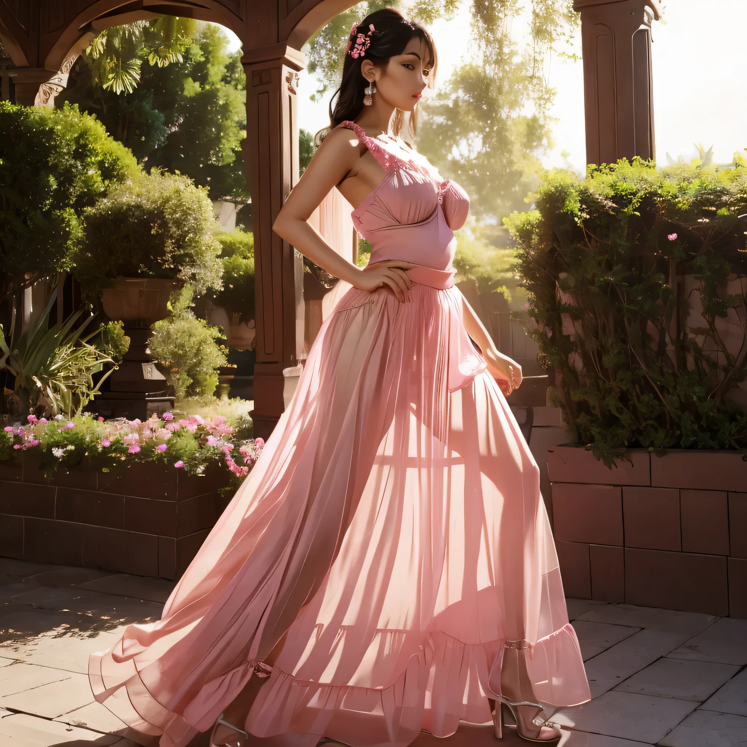a woman in pink long sheer skirt, gr3ysh33r very sensual posing