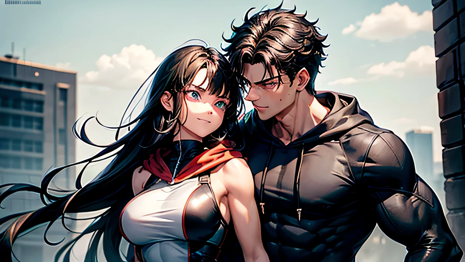 A tall muscularly lean 19 year old man with messy curly black hair, a sharp jawline, sharp eyes, red left eye, green right eye, wearing a white cloak and carrying a short muscularly lean and slim 19-year old girl with really long silky black hair, big blue eyes, plump cheeks, a sharp jawline, big breasts and muscular forearms and calves, wearing a black hoodie. Holding weapons, in a war. Couple. Smiling. 