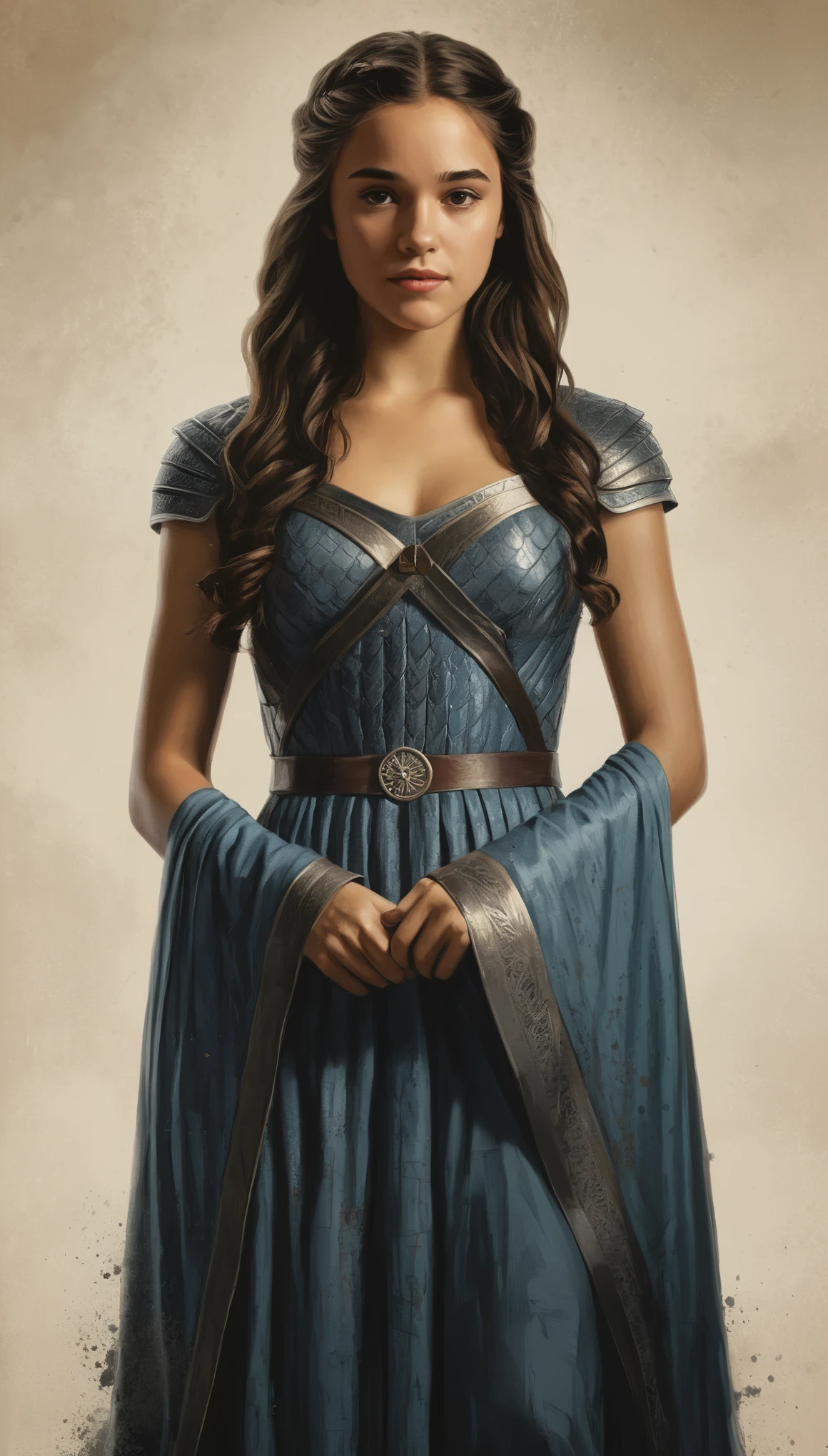 An illustrated movie poster, hand-drawn, full color, a Westerosi teenage girl, wearing a regal dress, r sun-tanned complexion, dark hair, long hair, waist-length hair, posing on a pedestal, hard shadows, graphite shading, stencil marks, airbrushed acrylic paint, masterpiece, in the style of Game of Thrones 