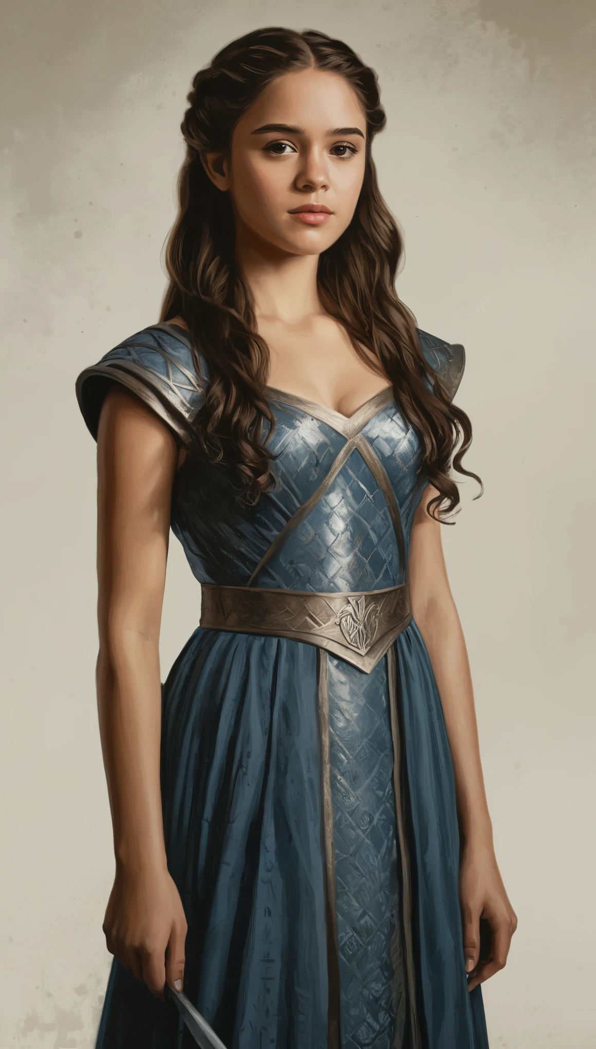 An illustrated movie poster, hand-drawn, full color, a Westerosi teenage girl, wearing a regal dress, r sun-tanned complexion, dark hair, long hair, waist-length hair, posing on a pedestal, hard shadows, graphite shading, stencil marks, airbrushed acrylic paint, masterpiece, in the style of Game of Thrones 