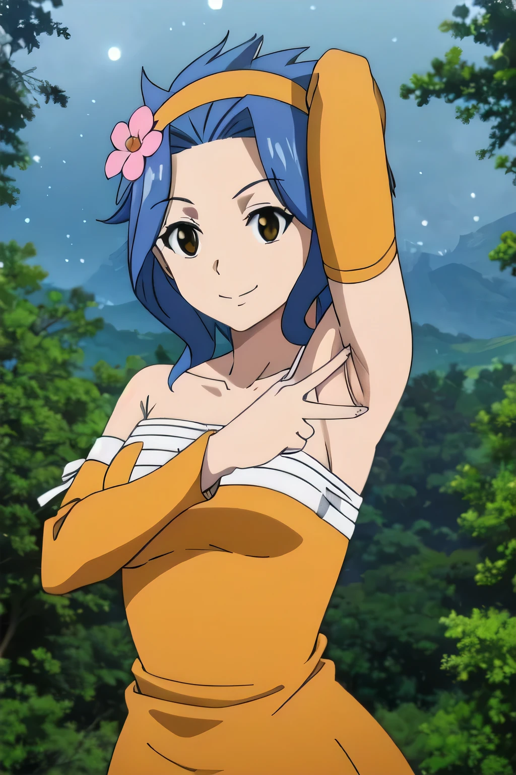 LEVY MCGARDEN, (BROWN EYES:1.35), BLUE HAIR, SHORT HAIR, SIDELOCKS, HAIR ORNAMENT, DRESS, BARE SHOULDERS, COLLARBONE, FLOWER, DETACHED SLEEVES, HAIR FLOWER, STRAPLESS, HEADBAND, SHORT DRESS, STRAPLESS DRESS, ORANGE DRESS, 1girl, smile, solo, night sky, forest, arms behind head, contrapposto, spread armpits, closed mouth,, looking at viewer, upper body,