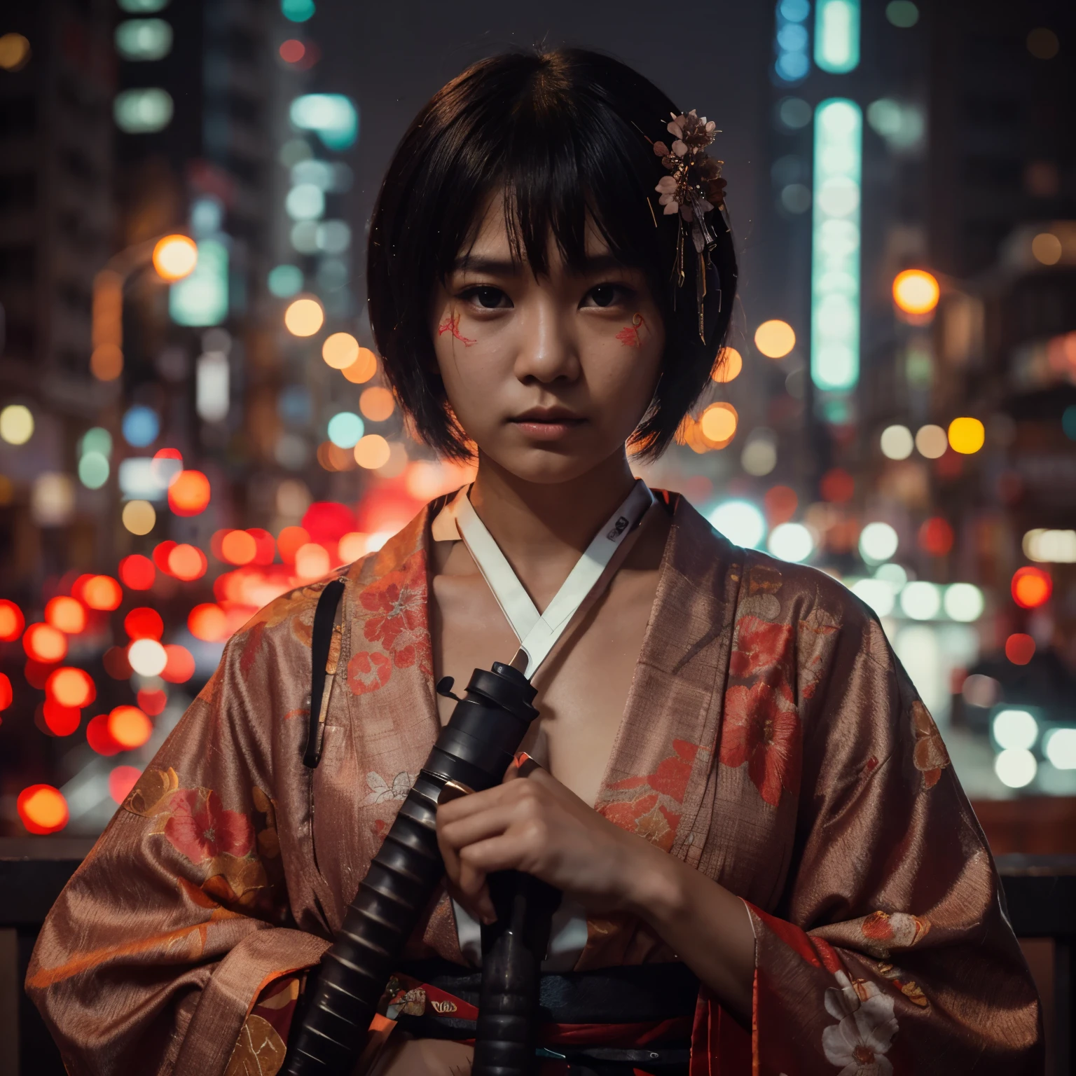 full shoot photography. cyberpunk style. an Indonesian woman with a round face, short hair, 20 years old, flat face, wearing a kimono, carrying a sword. Japanese night background. hyperrealistic photography, RAW, cinematic lighting, sharp focus.