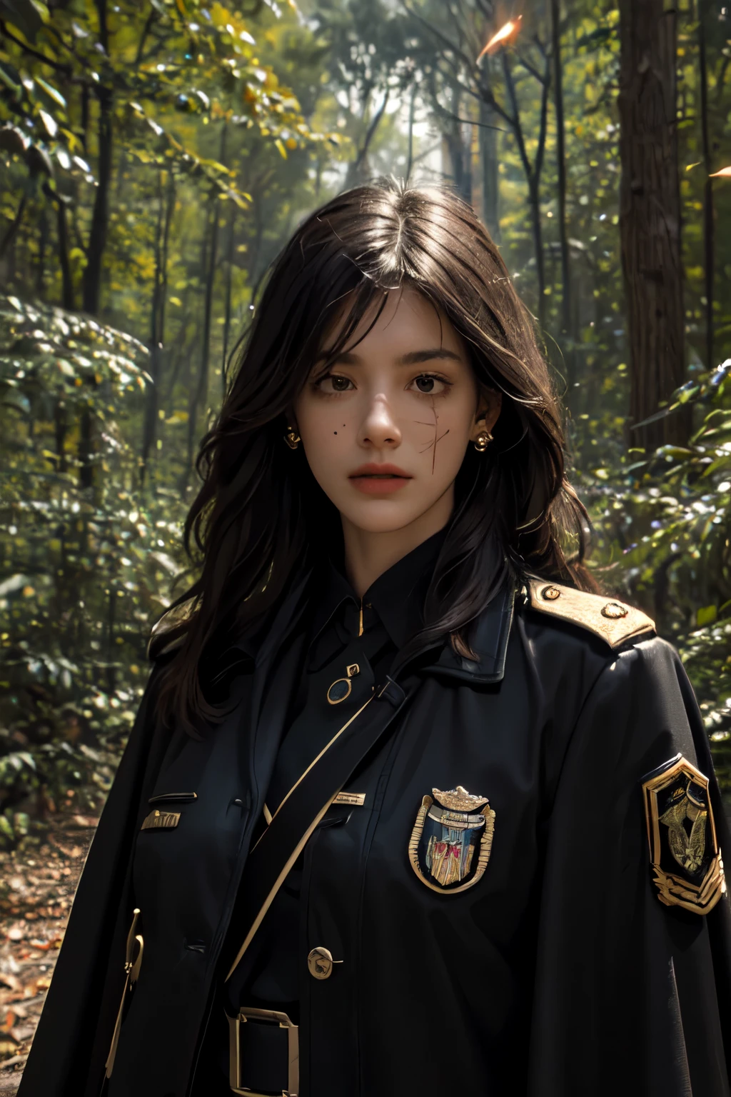 realistic, masterpiece, best quality, close-up, thick lips , upper body, no makeup, mature female, cowboy shot, black hair, military uniform, black military jacket, black cape , outdoors, badge, military jacket, valor , golden badge , military badge, depth of field, long hair, mole under eye, black gloves, earrings, gloves, crowded place , crowd, evening, branch, dead tree, fireflies, sparkle, fire_sparkle , fire , woods , holding fire , scar_on_eye , military badge , medals , blood , bleeding , on fire forest , burning trees , military valor , angry face