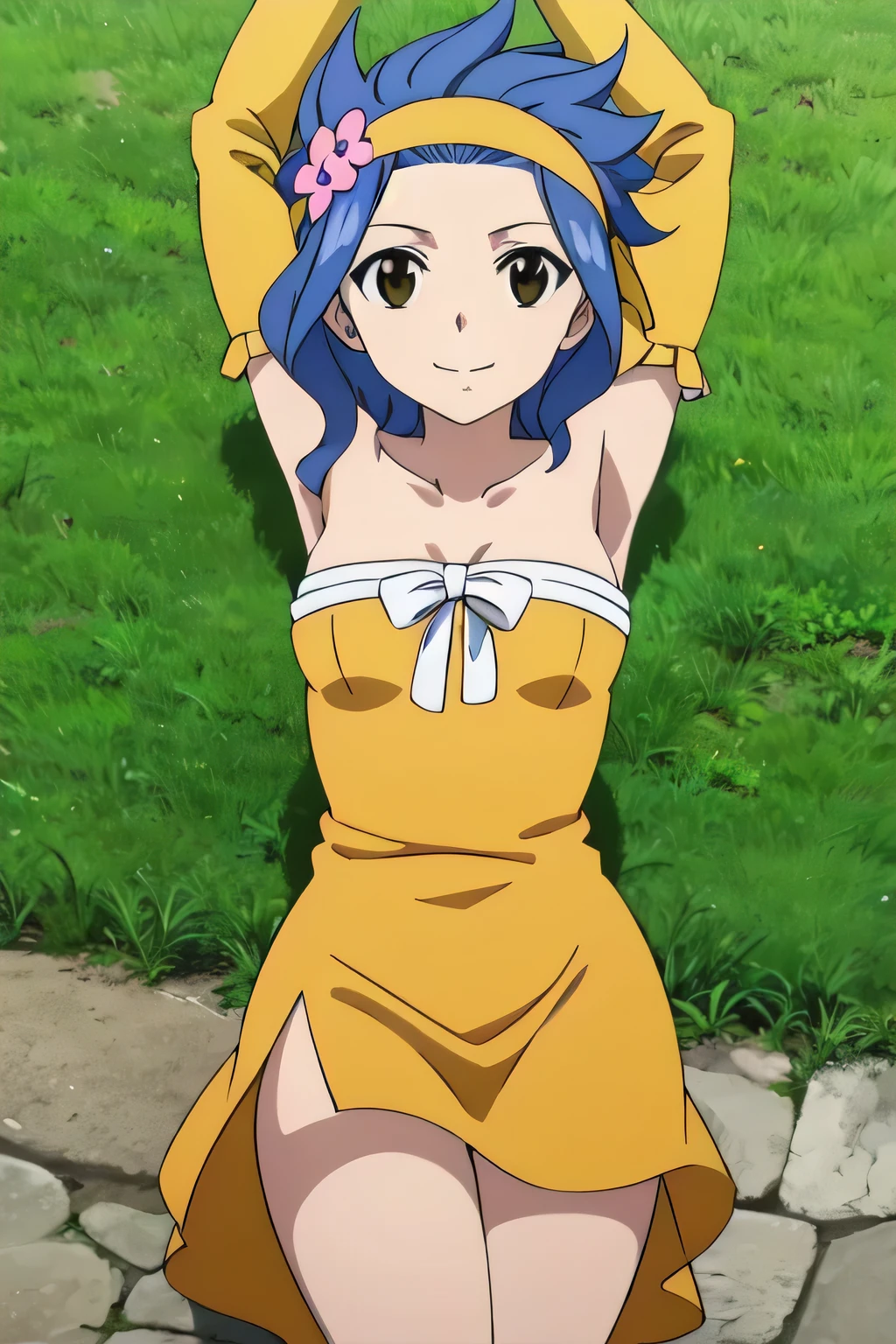LEVY MCGARDEN, (BROWN EYES:1.35), BLUE HAIR, SHORT HAIR, SIDELOCKS, HAIR ORNAMENT, DRESS, BARE SHOULDERS, COLLARBONE, FLOWER, DETACHED SLEEVES, HAIR FLOWER, STRAPLESS, HEADBAND, SHORT DRESS, STRAPLESS DRESS, ORANGE DRESS, 1girl, smile, solo, on back, arms up, spread arms, cowboy shot, closed mouth, looking at viewer, on grass, in the center,
