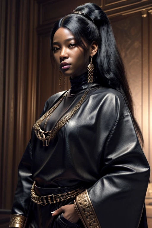 A STRONG BLESSED GODDESS WOMAN Wife Japanese IYO SKY in her mid 30s, melanin skin tone, Inside a royal palace, unreal 5. rpg portrait, hip hop style 8 k octane render, created in unreal engine 5, 8k portrait render, cinematic unreal 5, NY, yasuke 5 0 0 px models, 8 k cg render, rendered in unreal 5, rendered in unreal engine 5, african American, Genetics, a will to thrive, feminine traits and attributes, 50 Cent energy, shaved, vibrant brown eyes, radiant, focused, ambitious head, confident, observant, competent, Streetwear inspired clothing, luxury streetwear, hip hop vibe, art, luxurious, Cancer Sun Sign traits, Sagittarius Moon traits, natal chart, Libra ascendant, high quality long sleeve shirt, Red embroidered on clothing, black and grey clothing, wearing diamond chain draped on upper body, Louis Vuitton themed fashion,