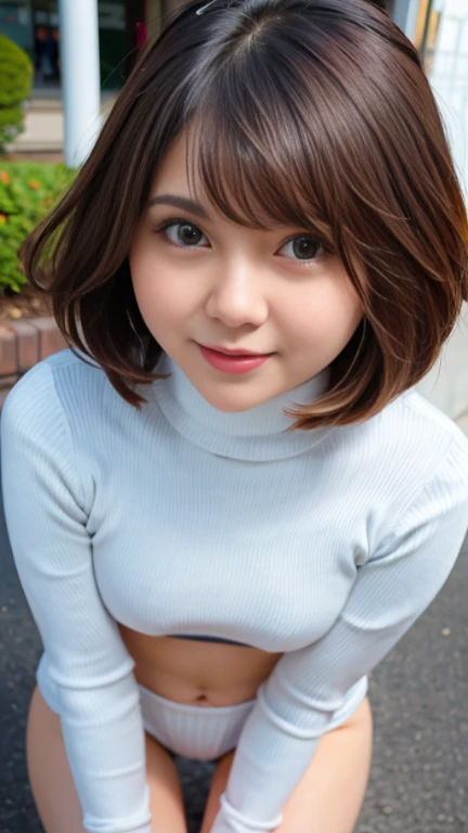 muste piece、highest quality、An illustration、Super fine、Fine、High resolution、8k wallpaper、perfect dynamic composition、(((Full body Esbian)))、((from below))、japanese girl、detailed beautiful face、Detailed and cute eyes、fine-textured skin、flushed cheeks、shy、(short cut hair:1.3)、(Wavy brown hair)、small breasts、bold sexy pose、smile、(No sleeve、Navel exposed、fitted turtleneck)、hot pants string street、small breasts、between the legs、Small ass、thin butt、Please generate above the eaves.、thin shoulders、In underwear、