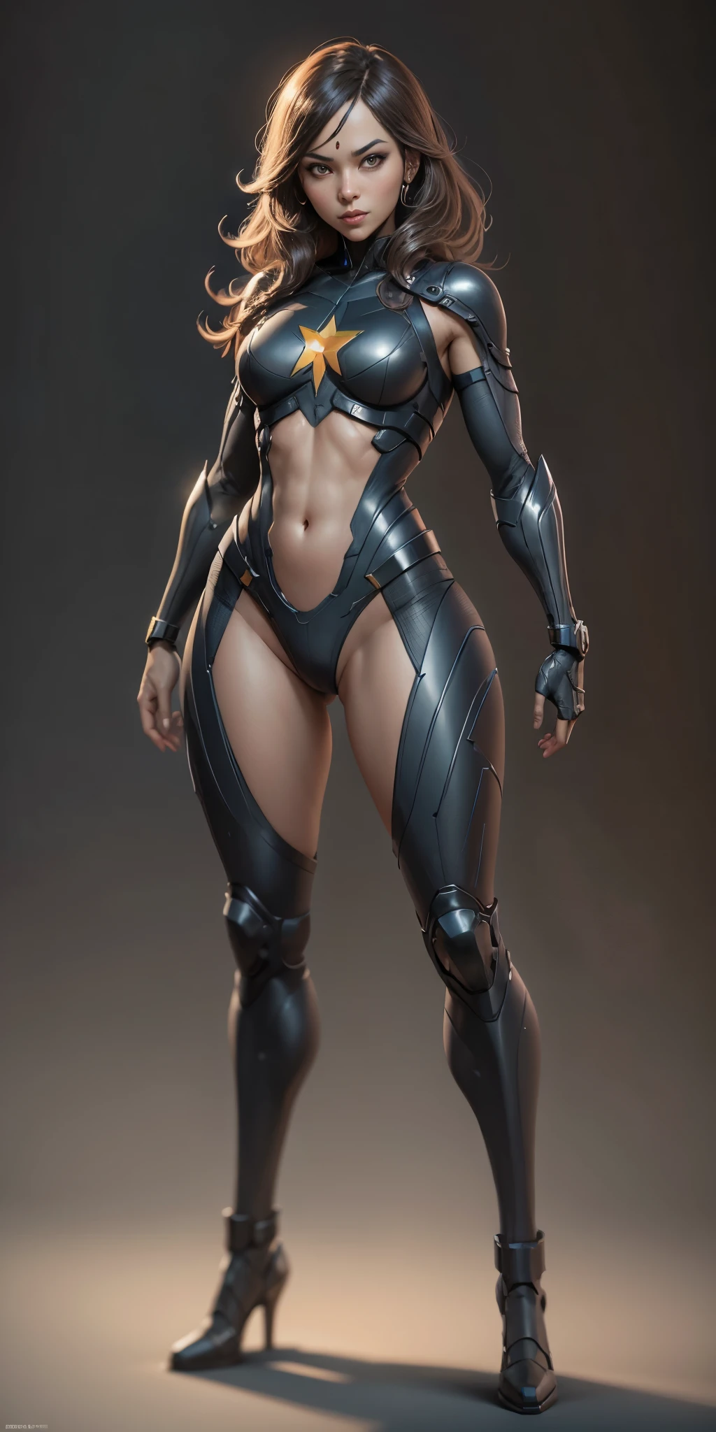 Sexy superheroine wears a blue outfit gold shoulder pads gold bracelets revealing abs midriff a Z symbol on her chest portrait photography by artgerm, in the style of realism, glistening skin, cartooncore, mangacore, natural lighting, Defined full lips. Muscular fitness feminine body