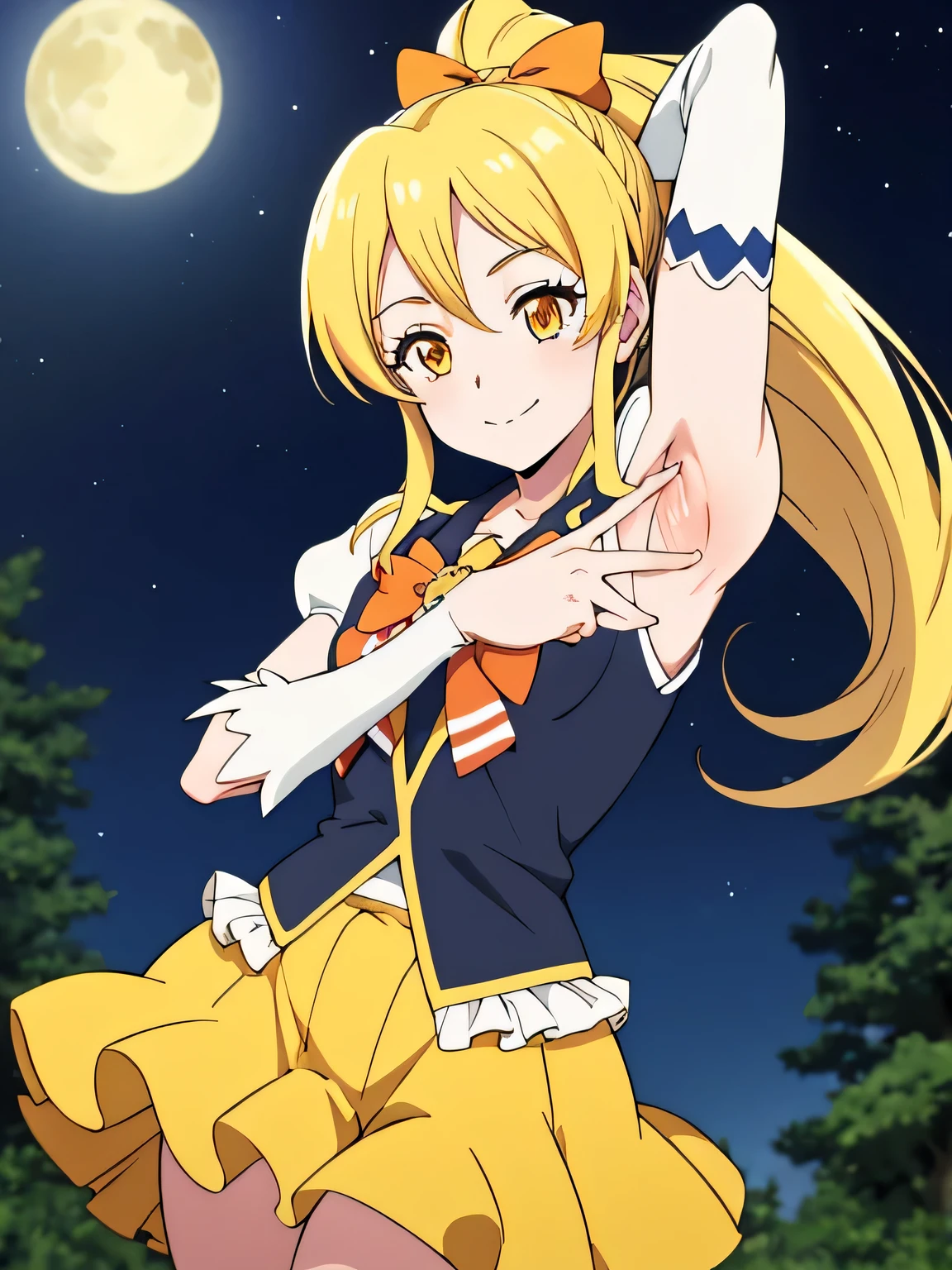 masterpiece, best quality, absurdres, perfect anatomy, 1girl, solo, cureHoney, blonde hair, ponytail, bow, brooch, yellow skirt, vest, puffy sleeves, wrist cuffs, solo, night sky, forest, arms behind head, contrapposto, spread armpits, closed mouth, smile, upper body,
