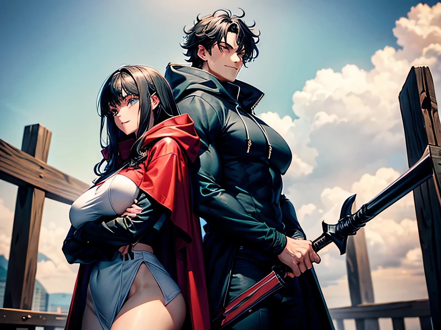 A tall, 190cm muscularly lean 19 year old man with messy curly black hair, a sharp jawline, sharp eyes, red left eye, green right eye, wearing a white cloak and carrying a short, 150cm muscularly lean and slim 19-year old girl with really long silky black hair, big blue eyes, plump cheeks, a sharp jawline, big breasts and muscular forearms and calves, wearing a black hoodie. Holding weapons, in a war. Couple. Smiling.