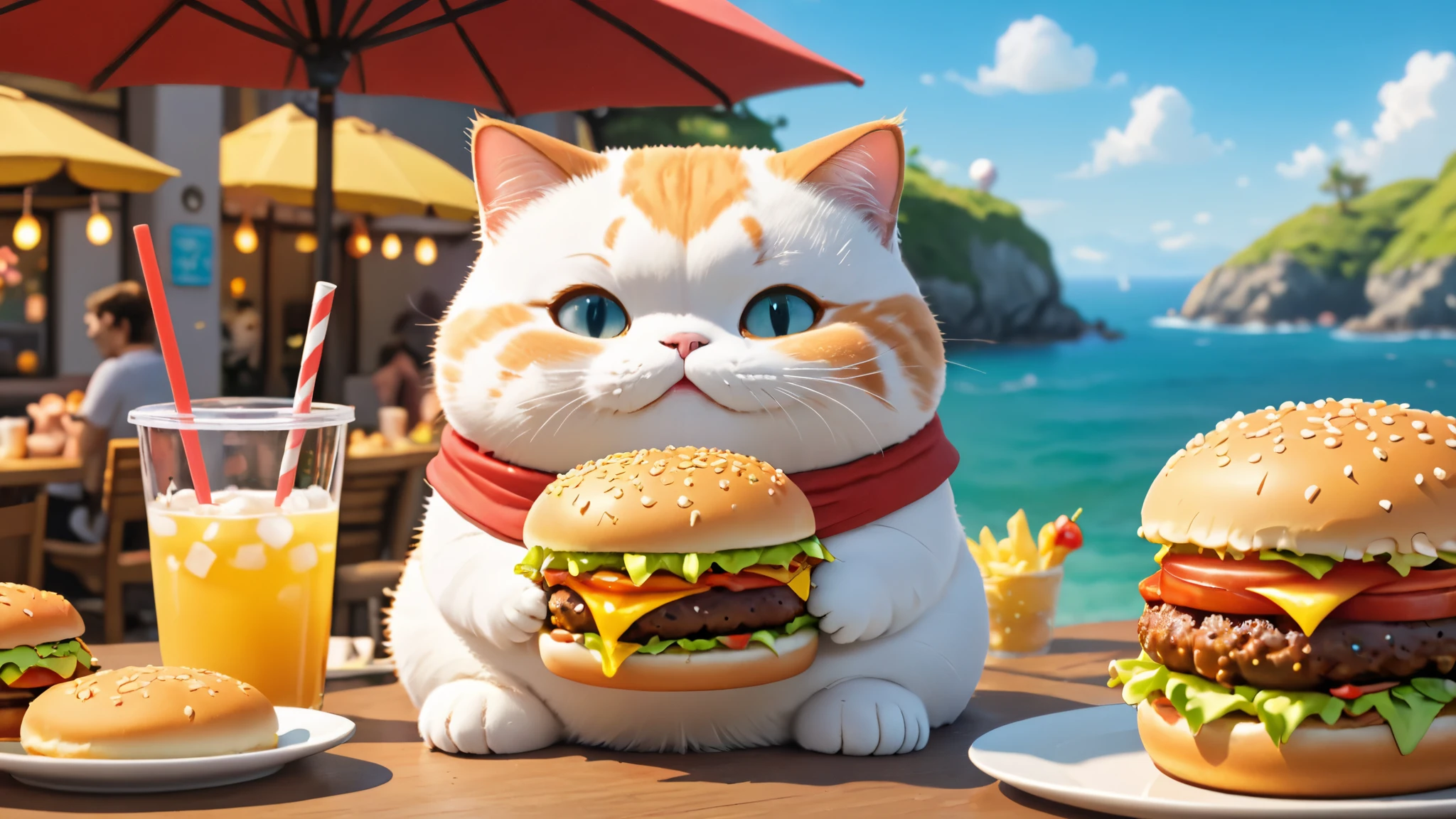 Chubby cat, eating lots of burgers, drink lots of boba, coast, smile and cute, master piece, high resolution 4k, 3d artwotk