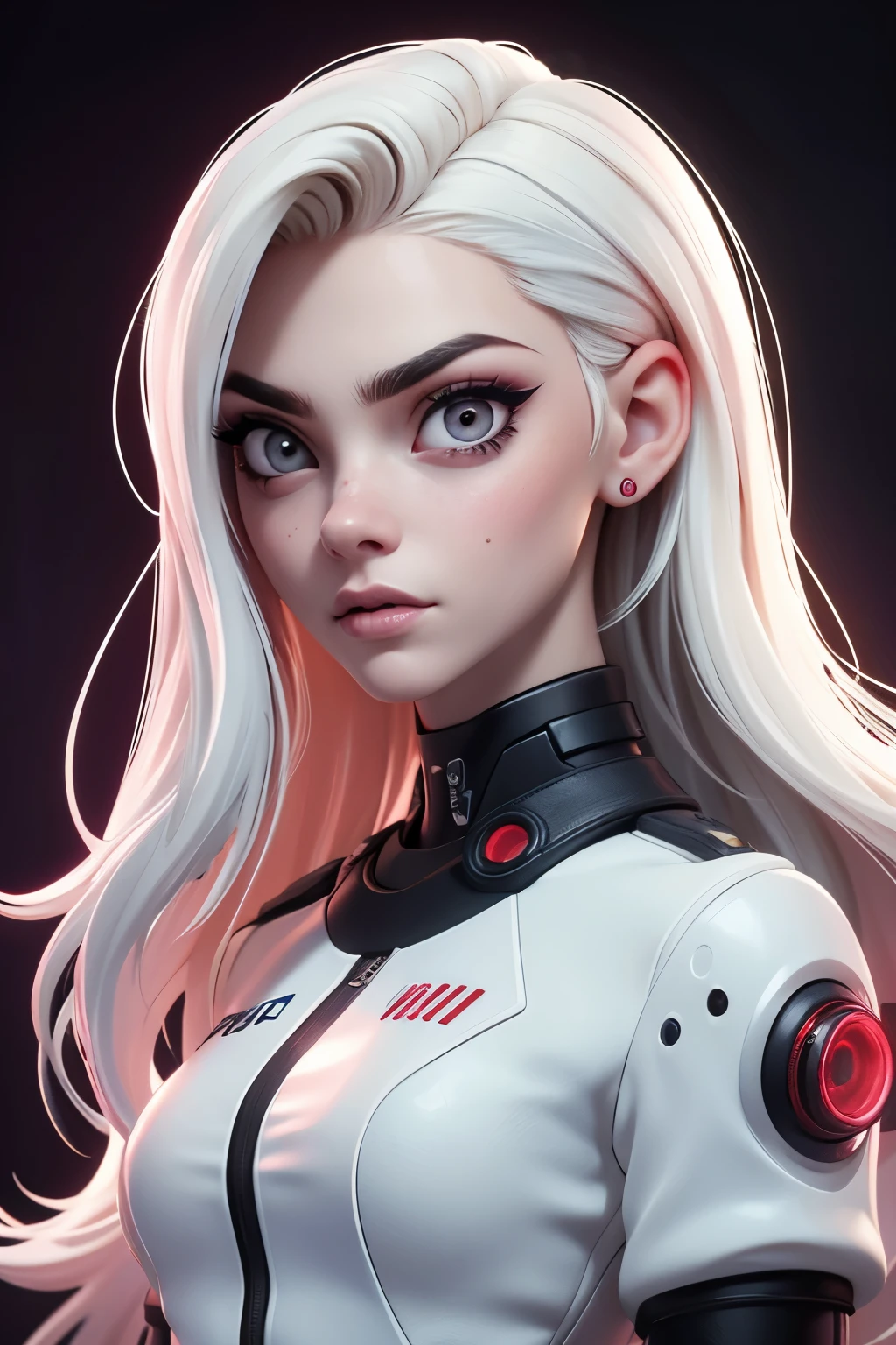 cara de mujer, pale skin, pelo blanco, con ojos rojos, pecas, pelo rizado y esponjoso, feliz, sonrojada, con hoyuelos, blusa cyberpunk, blanca