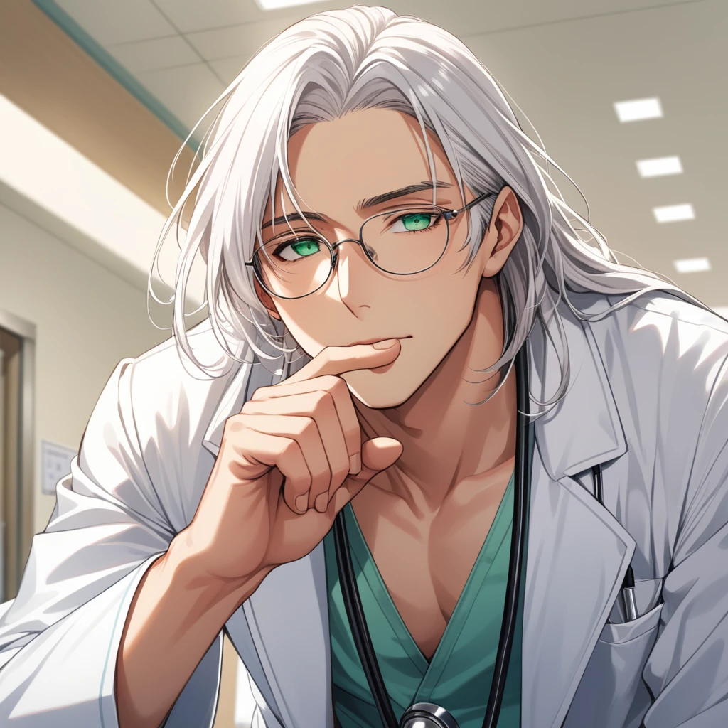 (masterpiece, best quality:1.2), (1boy), solo, 8k, white hair, ((long hair)), glasses, handsome male, very detailed, doctor, anime style, at a hospital, kissing a hand, white coat, blushing, beautiful green eyes, dynamic perspective, sharp focus, extremely detailed eyes and face, bangs, from underneath
