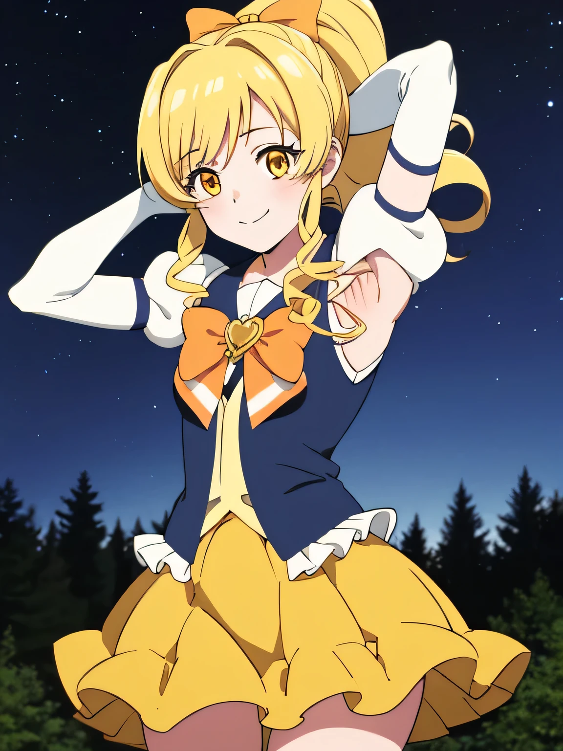 masterpiece, best quality, absurdres, perfect anatomy, 1girl, solo, cureHoney, blonde hair, ponytail, bow, brooch, yellow skirt, vest, puffy sleeves, wrist cuffs, solo, night sky, forest, arms behind head, contrapposto, spread armpits, closed mouth, smile, upper body,