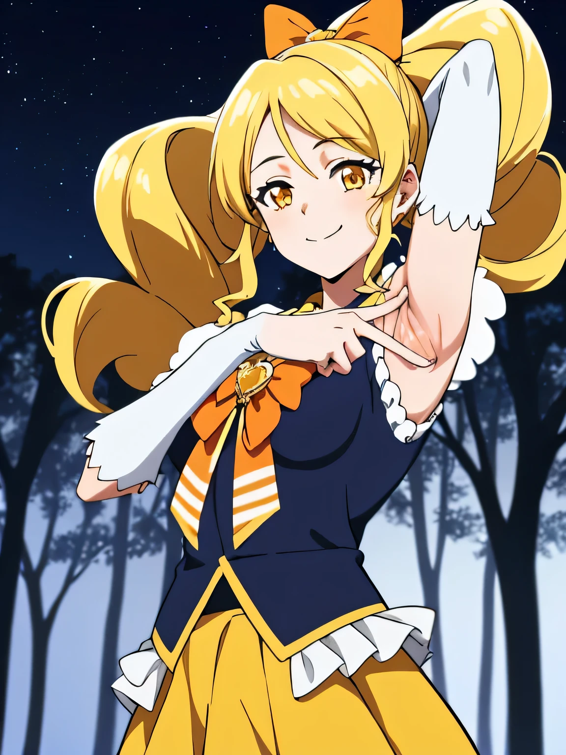 masterpiece, best quality, absurdres, perfect anatomy, 1girl, solo, cureHoney, blonde hair, ponytail, bow, brooch, yellow skirt, vest, puffy sleeves, wrist cuffs, solo, night sky, forest, arms behind head, contrapposto, spread armpits, closed mouth, smile, upper body,