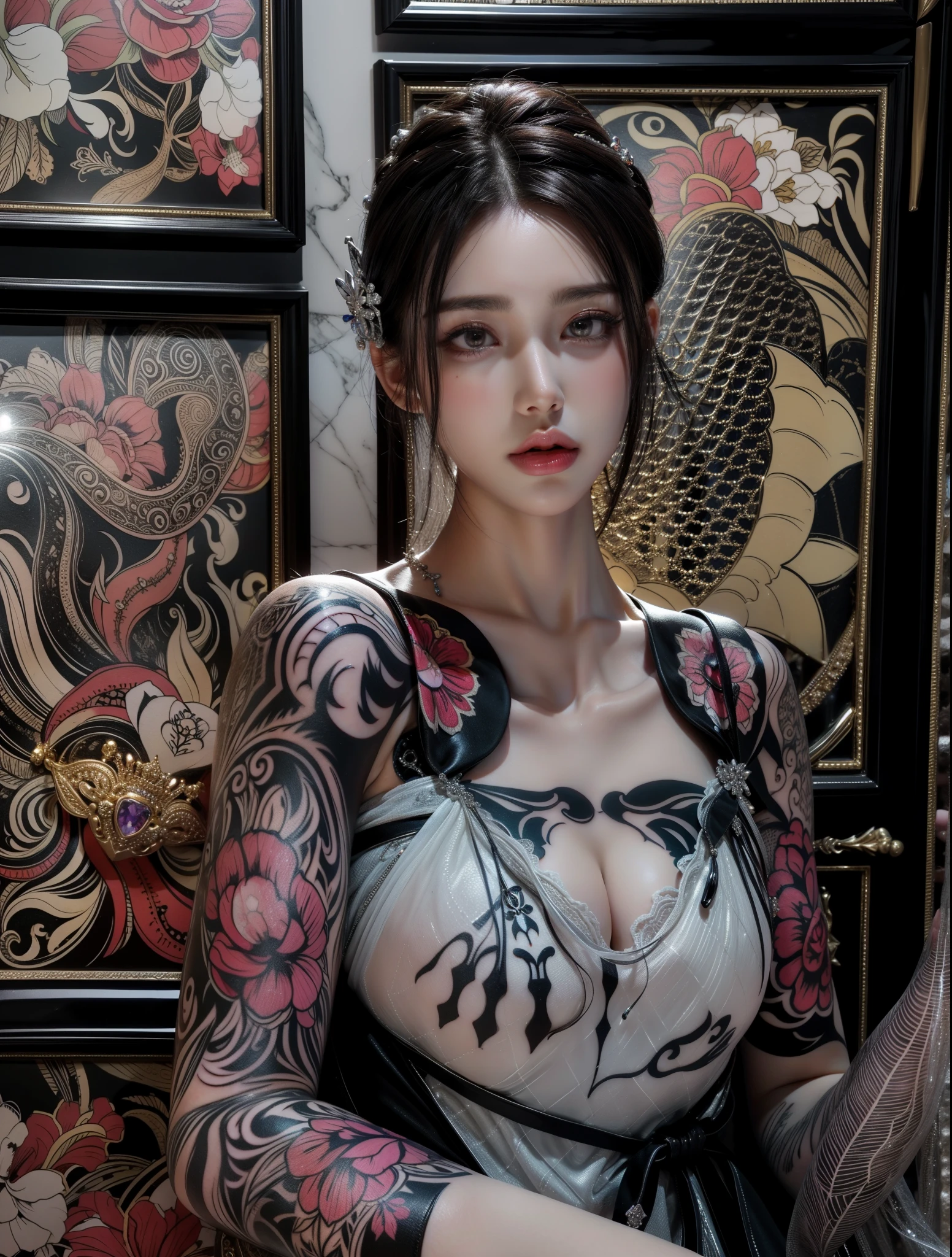 Tattoo Girl, (((Skull and rose tattoo 1.5)))、so beautiful, Murderous, Handsome, betrayal, anger, Dark Background, 8k, Dynamic Wallpapers, Very delicate, Very dark white tank top、(((swarovski)))、