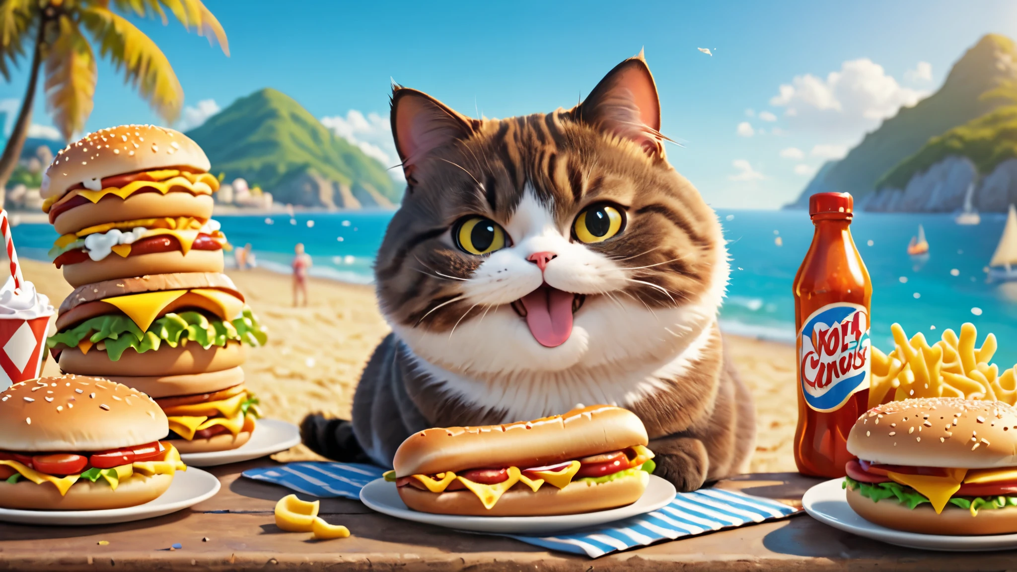 Chubby cat, eat a lot of ice cream, eating lots of burgers, eating lots of pasta, eating lots of hot dog, coast, smile and cute, master piece, high resolution 4k, 3d artwotk