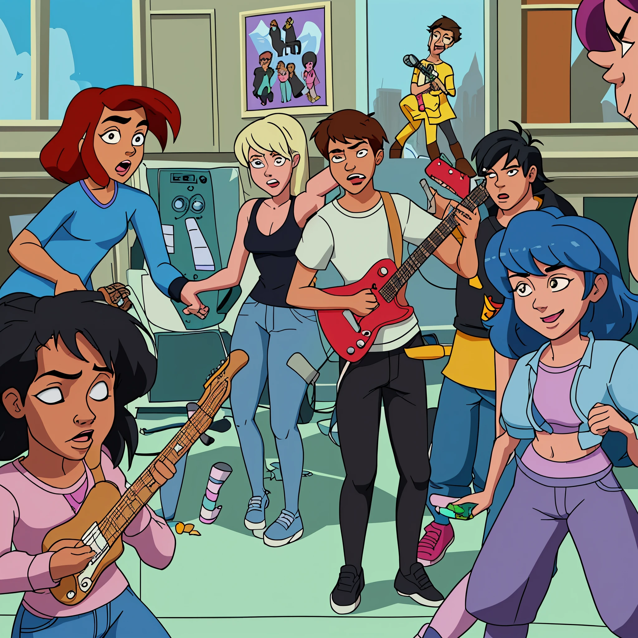 Scene from a Saturday Morning Cartoon about a group of teenagers who play music and solve crimes