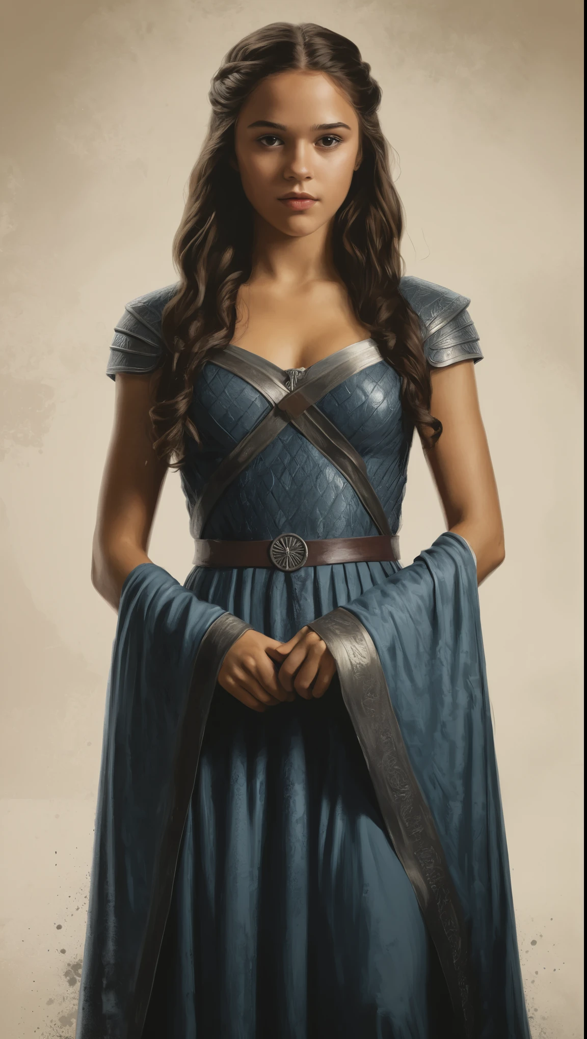 An illustrated movie poster, hand-drawn, full color, a Westerosi teenage girl, wearing a regal dress, r sun-tanned complexion, dark hair, long hair, waist-length hair, posing on a pedestal, hard shadows, graphite shading, stencil marks, airbrushed acrylic paint, masterpiece, in the style of Game of Thrones 