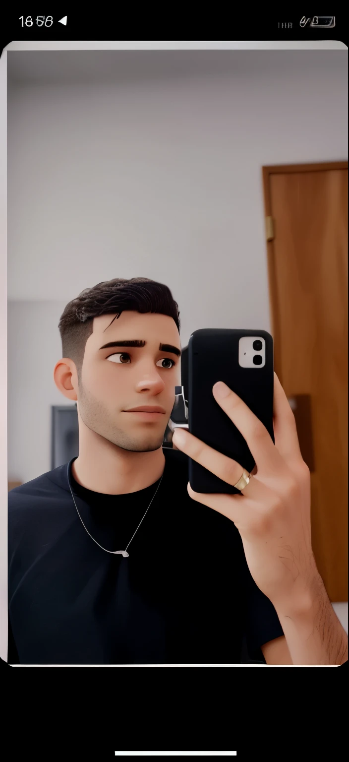 Homen de cabelo curto tirando foto no quarto de casa
