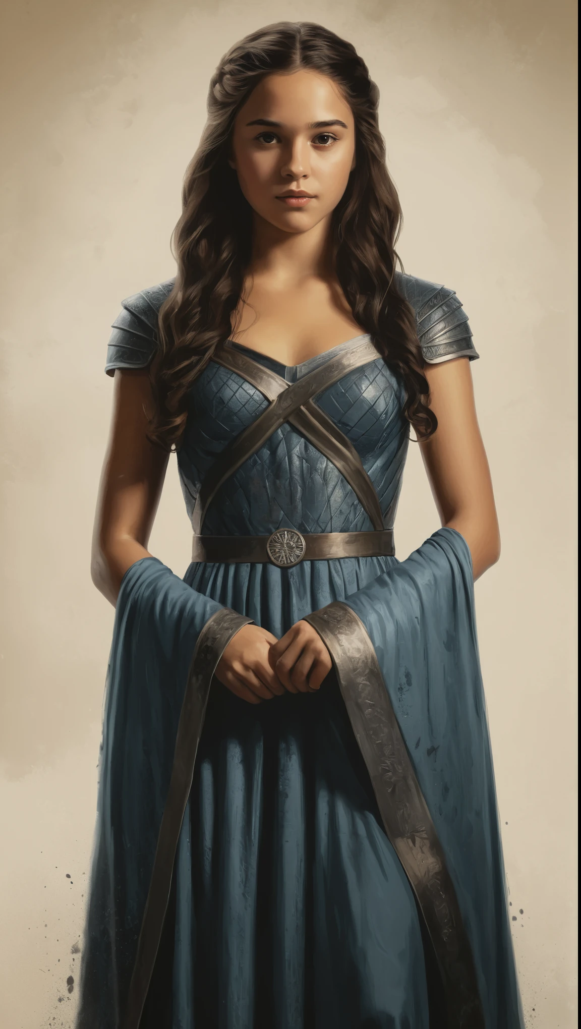 An illustrated movie poster, hand-drawn, full color, a Westerosi teenage girl, wearing a regal dress, r sun-tanned complexion, dark hair, long hair, waist-length hair, posing on a pedestal, hard shadows, graphite shading, stencil marks, airbrushed acrylic paint, masterpiece, in the style of Game of Thrones 