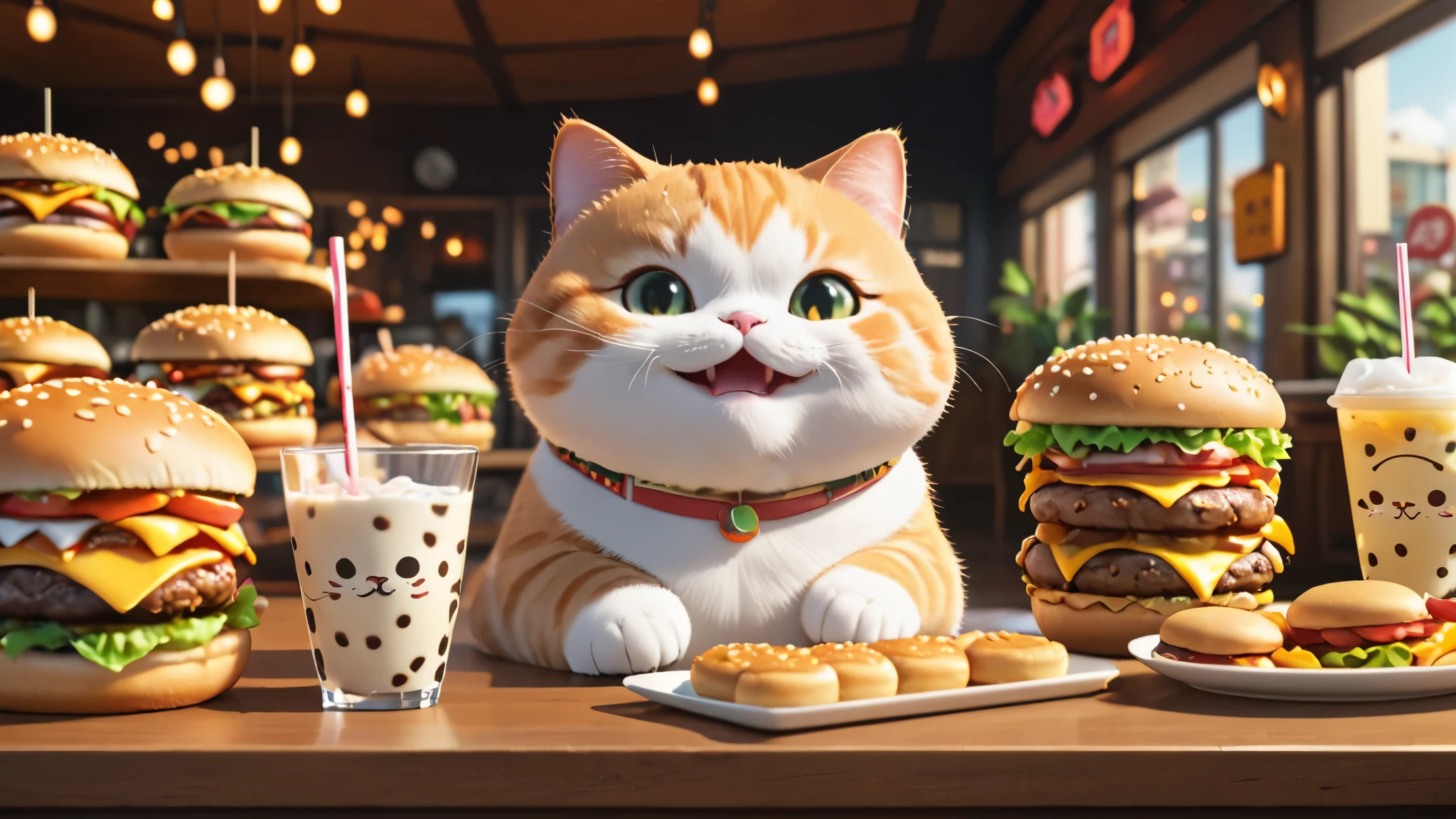 Chubby cat, eating lots of burgers, drink lots of boba, coast, smile and cute, master piece, high resolution 4k, 3d artwork, dramatis, cinematic