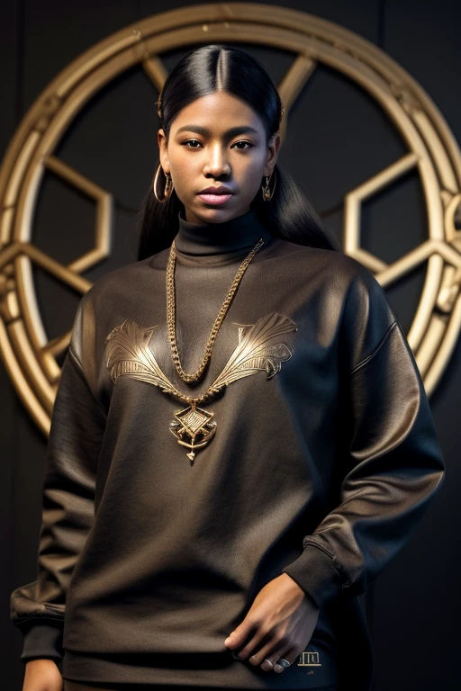 A STRONG BLESSED GODDESS WOMAN Wife Japanese IYO SKY in her mid 30s, melanin skin tone, Inside a royal palace, unreal 5. rpg portrait, hip hop style 8 k octane render, created in unreal engine 5, 8k portrait render, cinematic unreal 5, NY, yasuke 5 0 0 px models, 8 k cg render, rendered in unreal 5, rendered in unreal engine 5, african American, Genetics, athletic, a will to thrive, feminine traits and attributes, 50 Cent energy, shaved, vibrant brown eyes, radiant, focused, ambitious head, confident, observant, competent, Streetwear inspired clothing, luxury streetwear, hip hop vibe, art, luxurious, Cancer Sun Sign traits, Sagittarius Moon traits, natal chart, Libra ascendant, high quality long sleeve shirt, Red embroidered on clothing, black and grey clothing, wearing diamond chain draped on upper body, Louis Vuitton themed fashion,