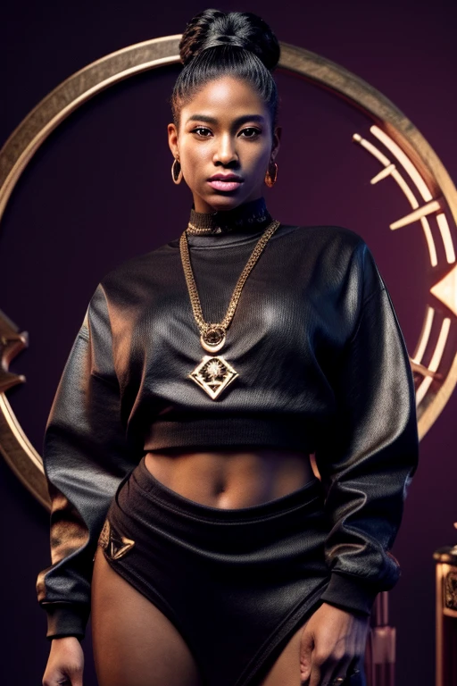 A STRONG BLESSED GODDESS WOMAN Wife Japanese IYO SKY in her mid 30s, melanin skin tone, Inside a royal palace, unreal 5. rpg portrait, hip hop style 8 k octane render, created in unreal engine 5, 8k portrait render, cinematic unreal 5, NY, yasuke 5 0 0 px models, 8 k cg render, rendered in unreal 5, rendered in unreal engine 5, african American, Genetics, athletic, a will to thrive, feminine traits and attributes, 50 Cent energy, shaved, vibrant brown eyes, radiant, focused, ambitious head, confident, observant, competent, Streetwear inspired clothing, luxury streetwear, hip hop vibe, art, luxurious, Cancer Sun Sign traits, Sagittarius Moon traits, natal chart, Libra ascendant, high quality long sleeve shirt, Red embroidered on clothing, black and grey clothing, wearing diamond chain draped on upper body, Louis Vuitton themed fashion,