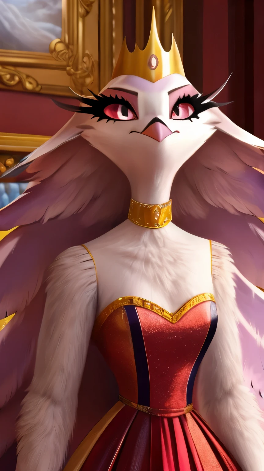 Stella,pink beak, golden crown, british queen dress, detailed eyes. 
 